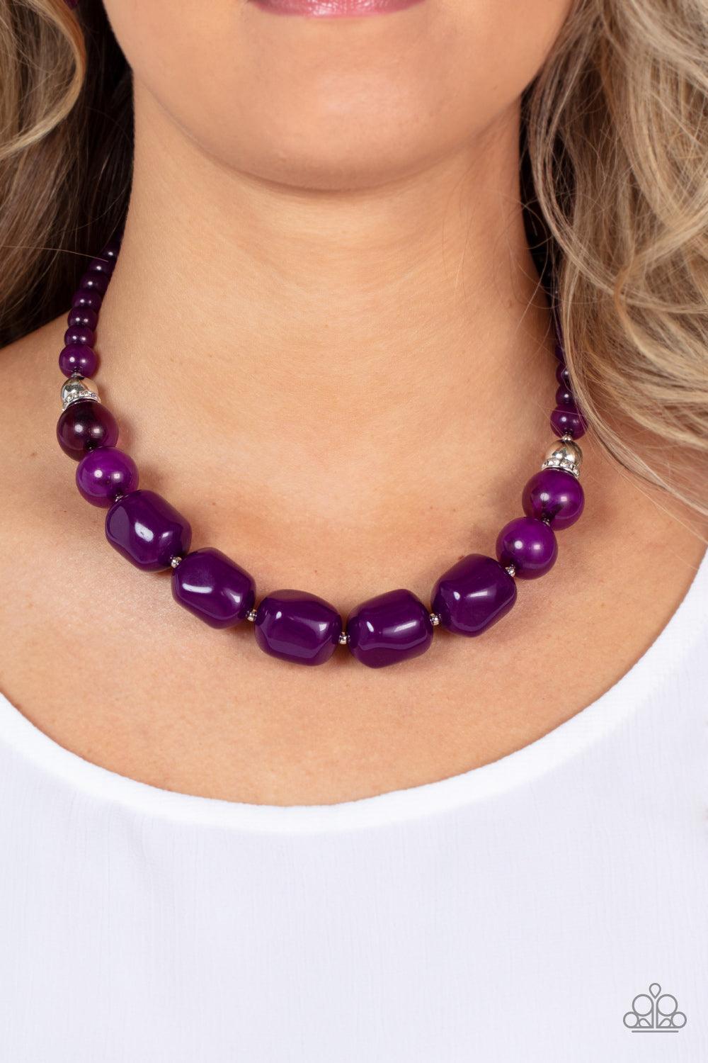 Paparazzi Accessories Ten Out of TENACIOUS - Purple Accented with bright silver beads and glittery rhinestone accents, a row of oversized subtly faceted plum beads gives way to marbled plum beads that transition to smaller opaque plum beads as they make t