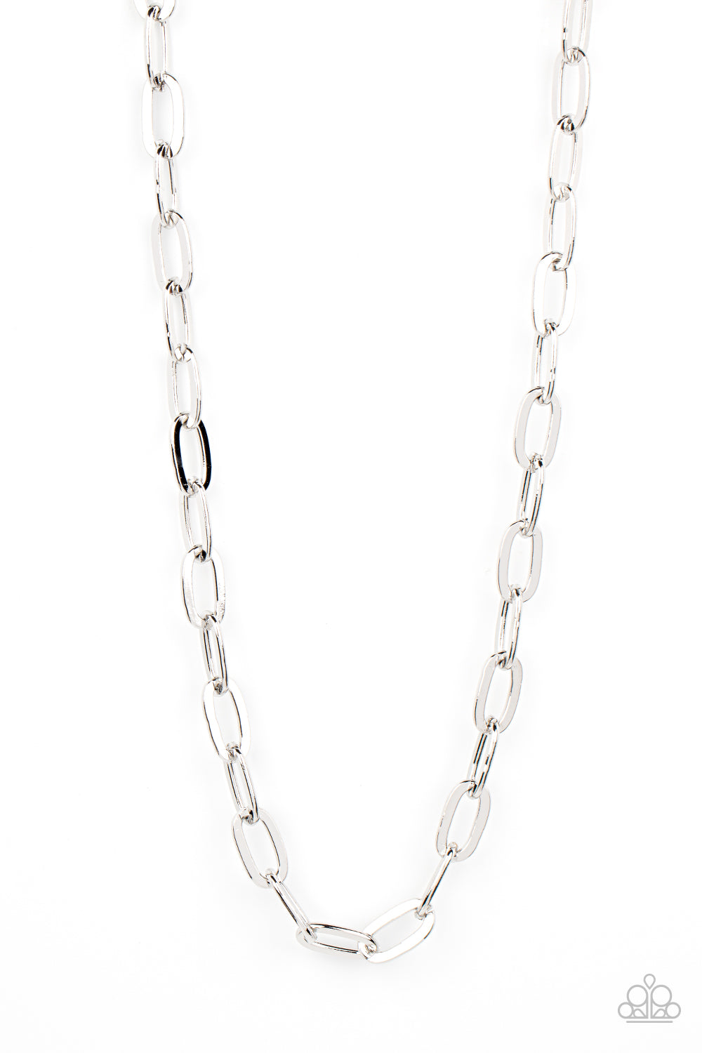 Paparazzi Accessories Urban Quarterback - Silver Featuring a high sheen finish, a shiny collection of oversized silver oval links boldly interlock across the chest for a grit-inspired look. Features an adjustable clasp closure. Sold as one individual neck