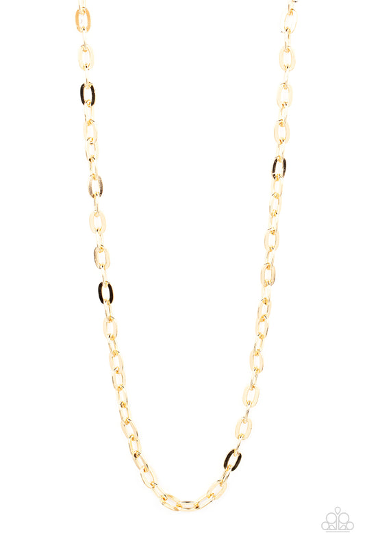 Paparazzi Accessories Interference - Gold A golden collection of flat oval links boldly interlocks across the chest for a classic urban look. Features an adjustable clasp closure. Sold as one individual necklace. Jewelry
