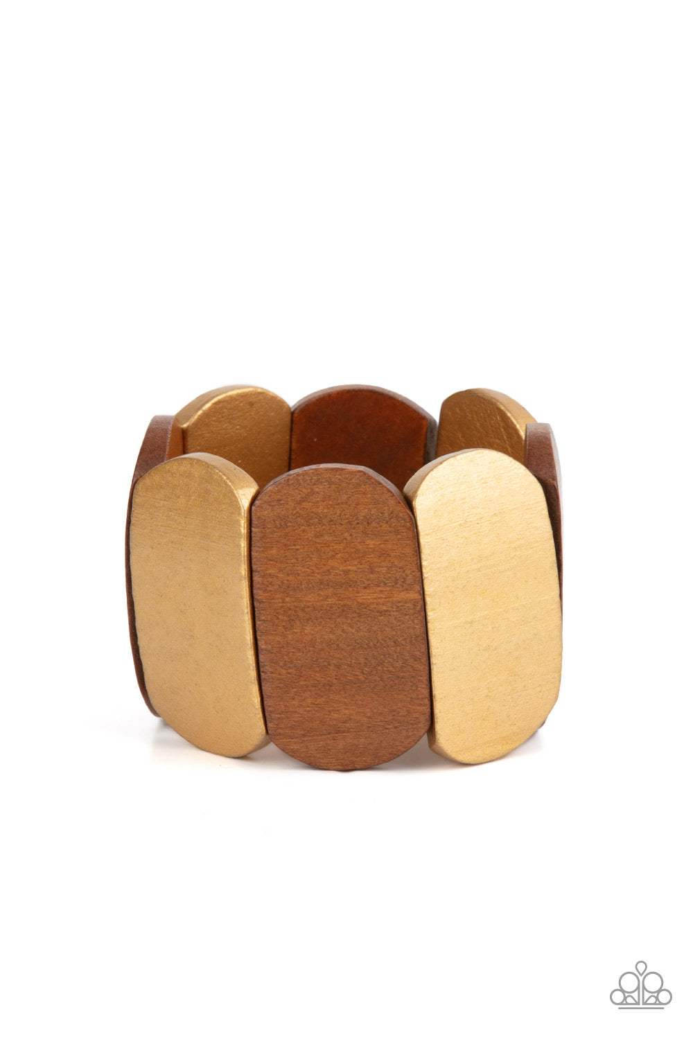 Paparazzi Accessories Natural Nirvana - Gold Brushed in a golden shimmer, smooth wooden panels alternate with natural wood panels threaded along stretchy bands for a naturally balanced display around the wrist. Sold as one individual bracelet. Jewelry
