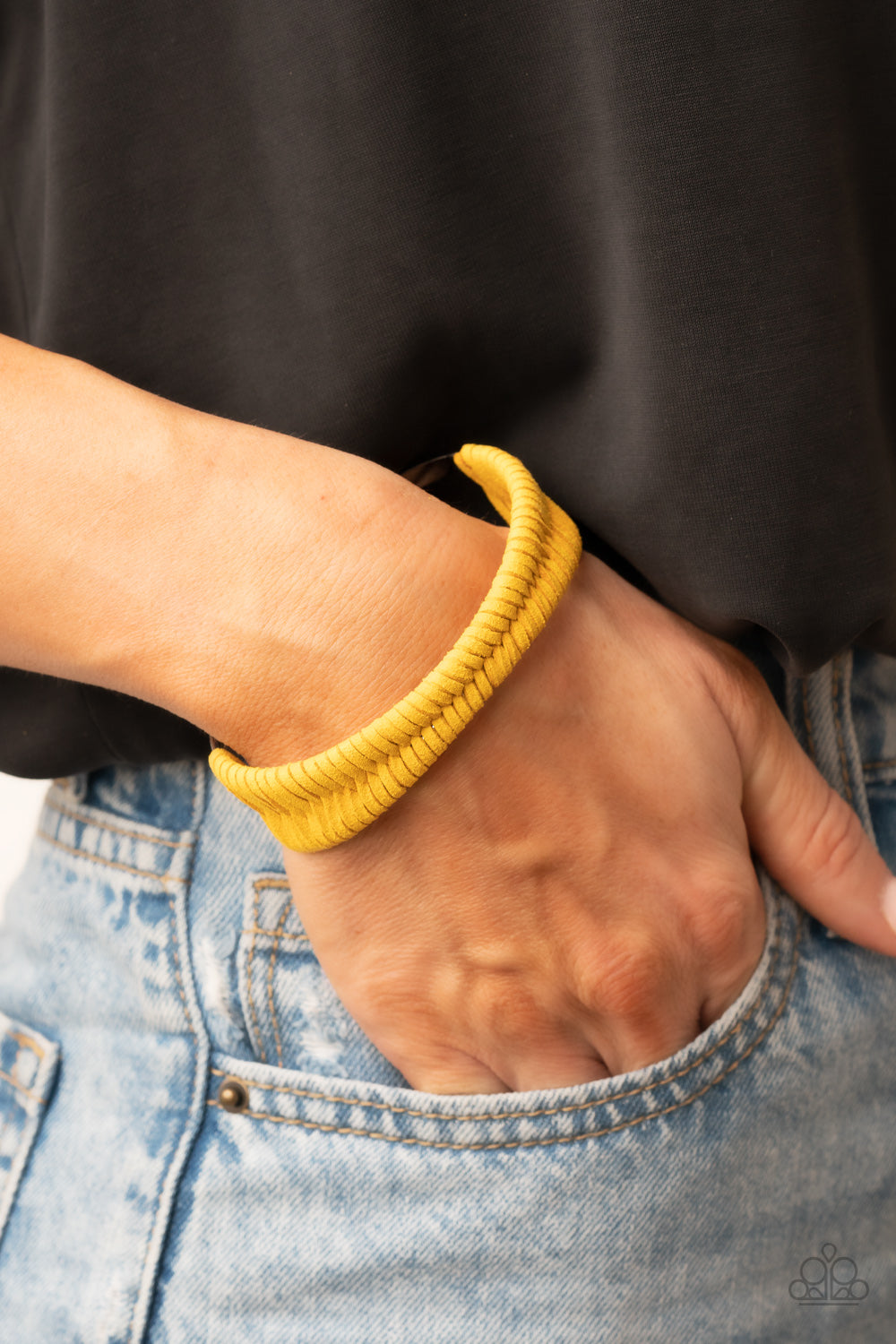 Paparazzi Accessories Desert Odyssey - Yellow Golden yellow suede laces intricately weave around an oversized silver cuff around the wrist, resulting in an earthy and versatile centerpiece. Sold as one individual bracelet. Jewelry
