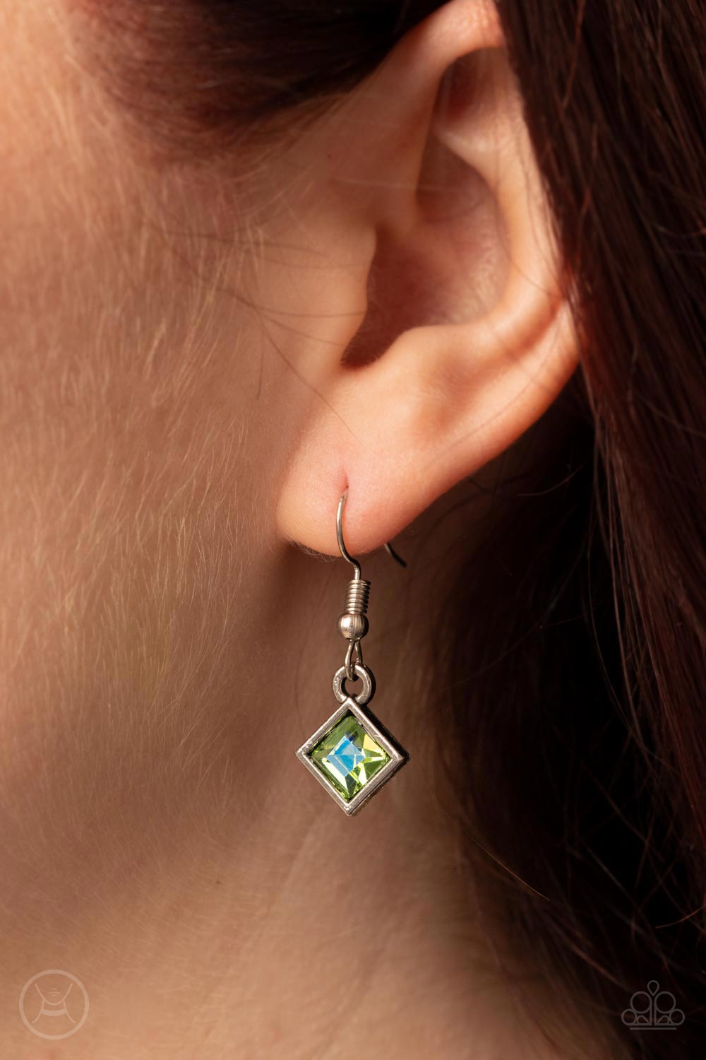Paparazzi Accessories Prismatic Reinforcements - Green Encased in sleek silver fittings, an iridescent collection of green marquise and square cut rhinestones delicately links below the collar for a prismatic pop of color. Features an adjustable clasp clo