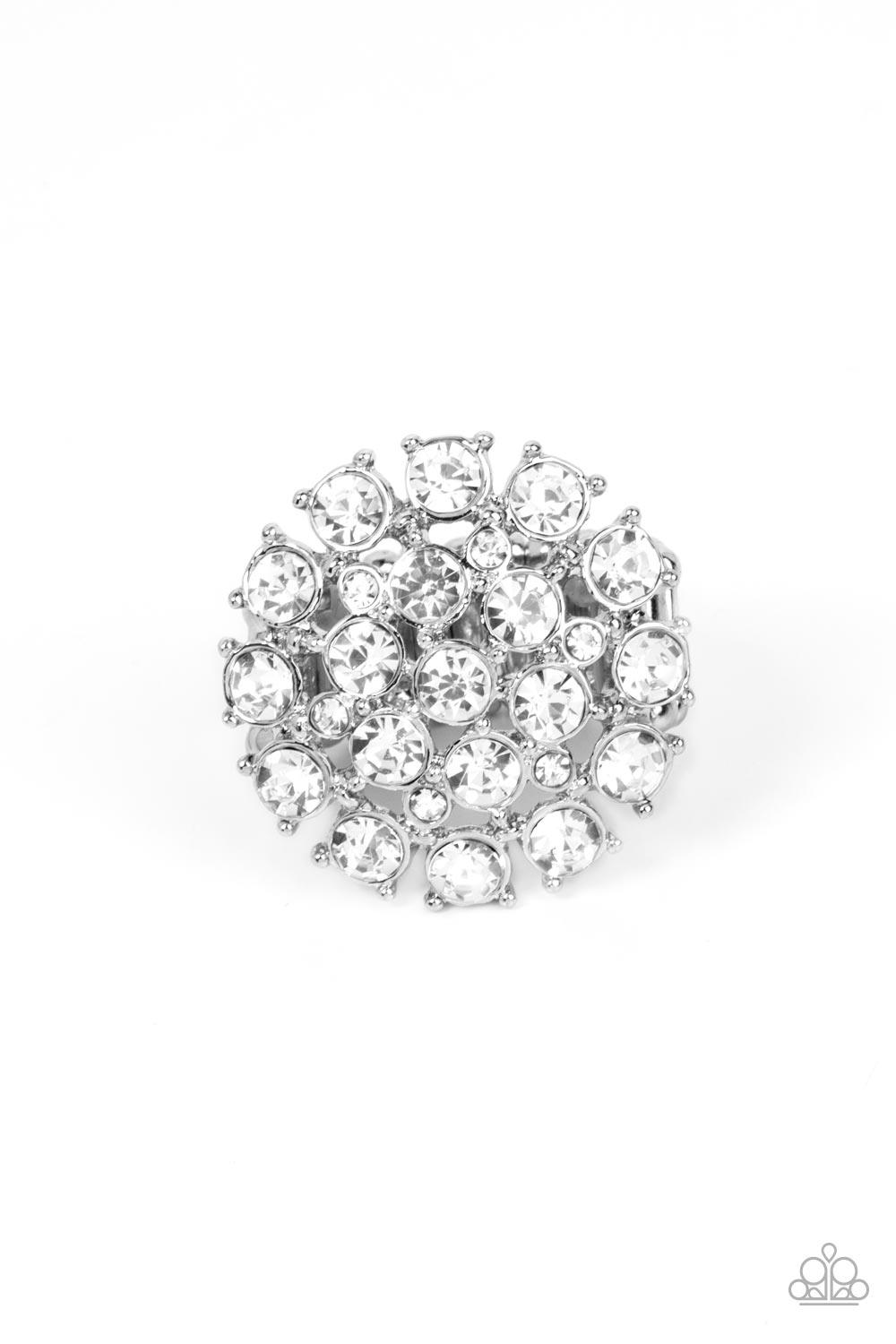 Paparazzi Accessories SELFIE-Confidence - White Featuring pronged silver fittings, an explosion of glassy white rhinestones sparkles atop the finger for a statement-making fashion. Features a stretchy band for a flexible fit. Sold as one individual ring.
