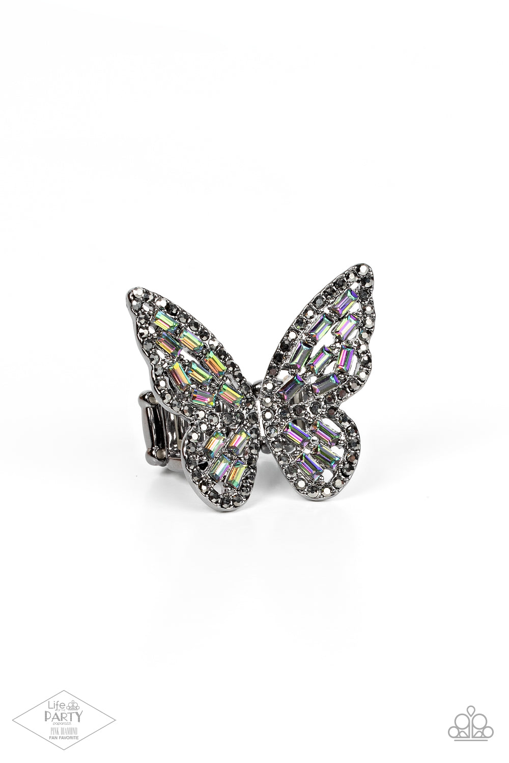 Paparazzi Accessories Flauntable Flutter - Multi Dainty oil spill emerald-cut rhinestones are sprinkled across the gunmetal wings of a butterfly that is encrusted in dauntless hematite rhinestones for a dramatically dazzling finish. Features a stretchy ba