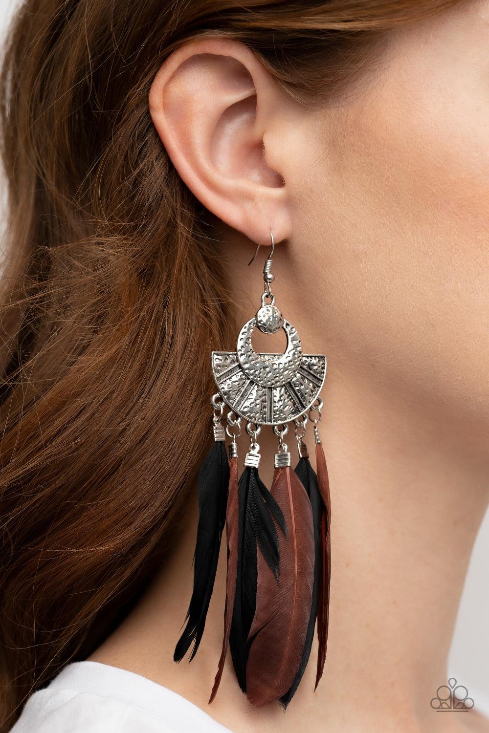 Paparazzi Accessories Plume Paradise - Multi Oversized black and brown feathers swing from the bottom of an ornately hammered and stacked silver frame, resulting in a flirtatiously colorful fringe. Earring attaches to a standard fishhook fitting. Sold as