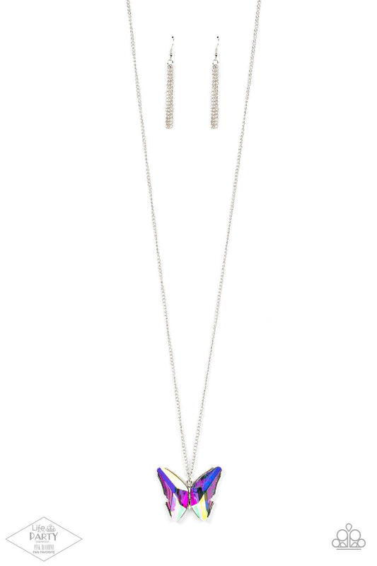Paparazzi Accessories The Social Butterfly Effect - Multi Featuring a UV effect, dramatically faceted iridescent gems adorn the wings of a silver butterfly, creating an ethereal pendant at the bottom of a lengthened silver chain. Features an adjustable cl