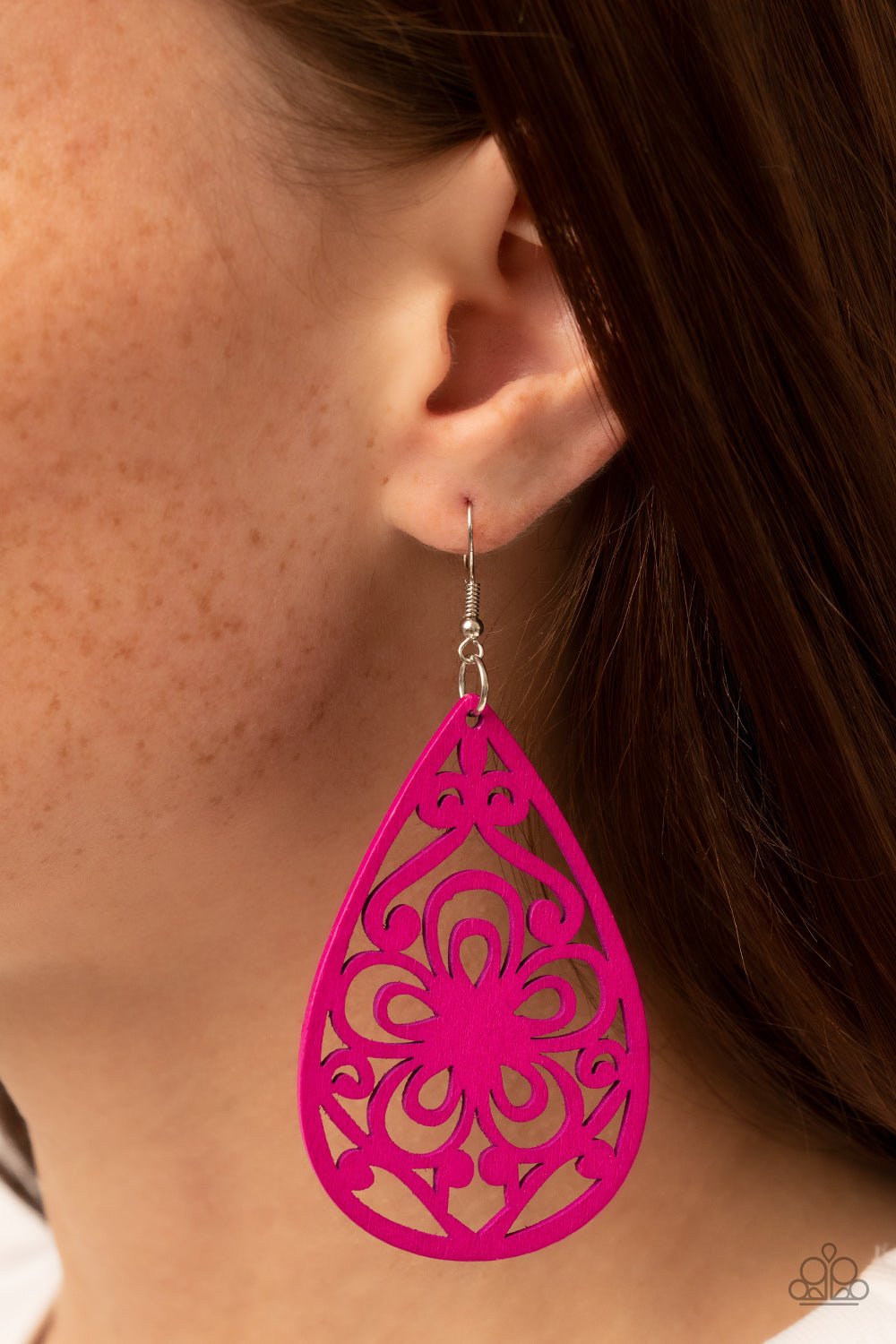 Paparazzi Accessories Marine Eden - Pink A flamboyant Fuchsia Fedora floral design permeates oversized wooden teardrop frames creating an exotic lure. Earring attaches to a standard fishhook fitting. Sold as one pair of earrings. Jewelry