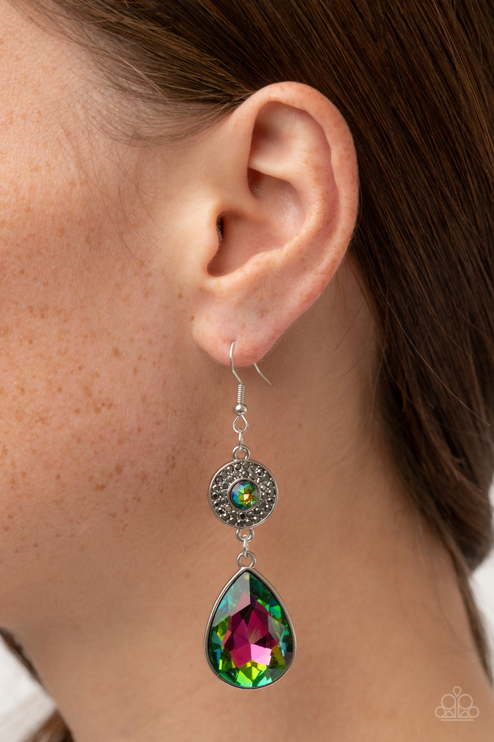 Paparazzi Accessories Collecting My Royalties - Multi Dotted with a solitaire oil spill rhinestone, a hematite rhinestone encrusted silver disc gives way to an oversized teardrop oil spill gem, resulting in a glamorous lure. Earring attaches to a standard