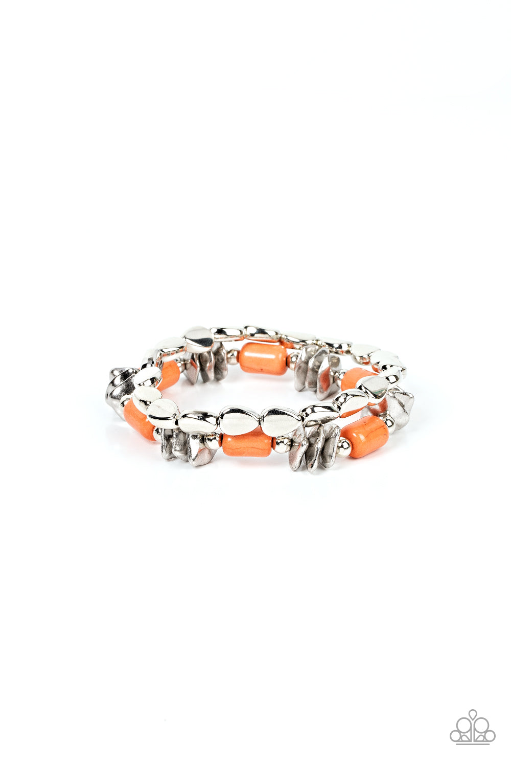 Paparazzi Accessories Canyon Cavern - Orange A mismatched collection of faceted silver accents, dainty silver beads, silver faux stones, and cylindrical burnt orange stones are threaded along stretchy bands around the wrist, creating an earthy pair of bra