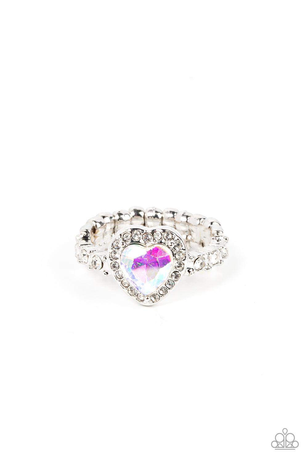 Paparazzi Accessories Romantic Reputation - Multi Bordered in a glassy frame of dainty white rhinestones, an iridescent heart shaped gem sparkles atop a silver band dotted in brilliant white rhinestones for a romantic finish. Features a dainty stretchy ba