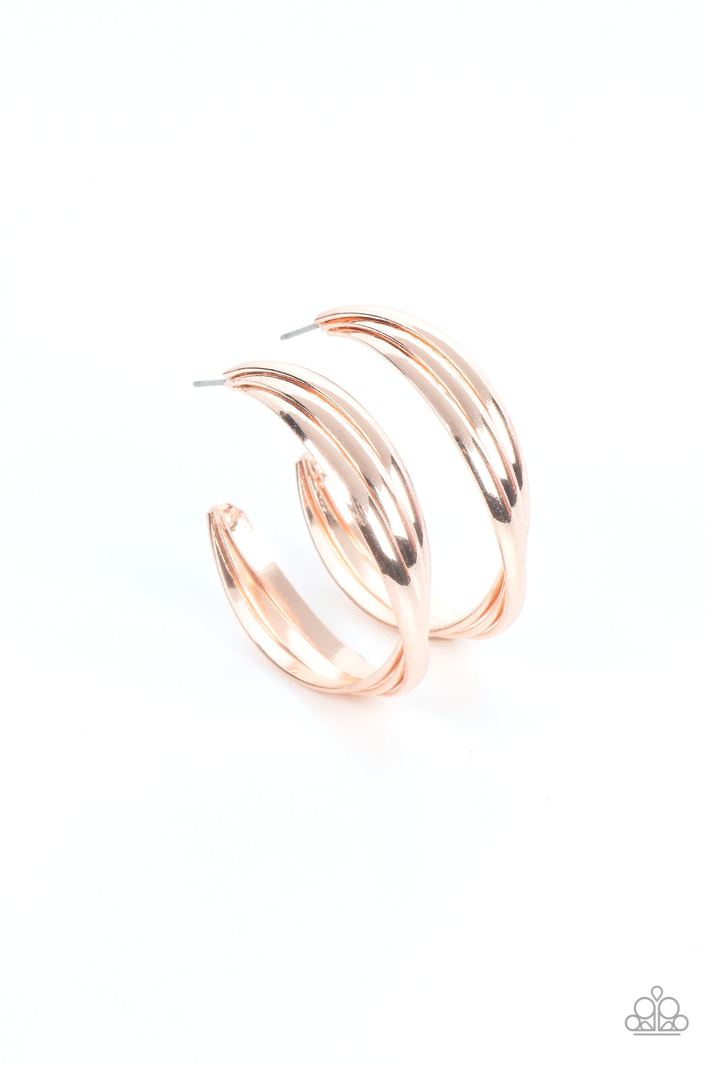 Paparazzi Accessories Curvy Charmer - Rose Gold Flat rose gold bars delicately twist and overlap into an oversized hoop, creating an edgy shimmer. Earring attaches to a standard post fitting. Hoop measures approximately 1 1/2" in diameter. Sold as one pai