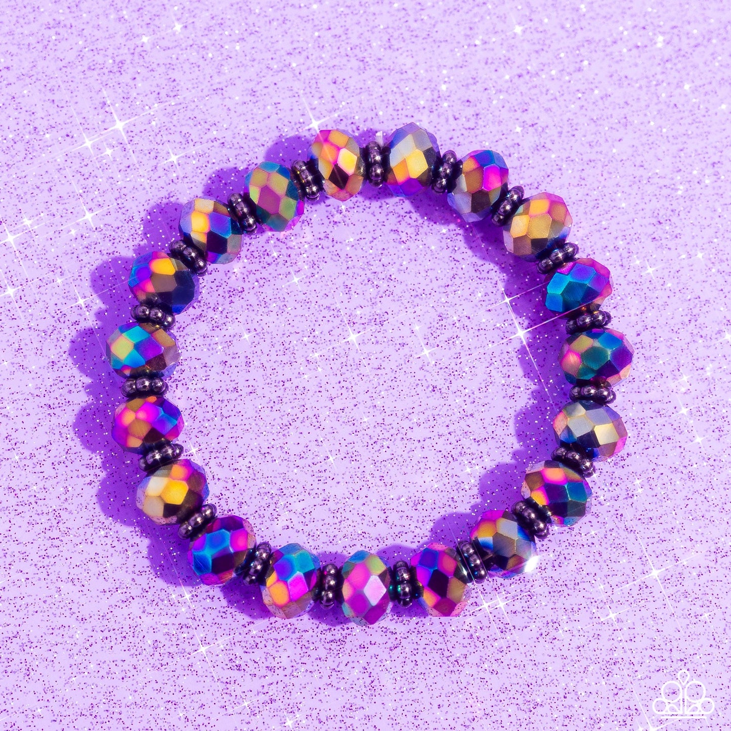 Paparazzi Accessories Shimmering Satisfaction - Multi Dipped in metallic shimmer, glittery oil spill crystal-like beads and studded gunmetal rings are threaded along a stretchy band around the wrist for a stellar fashion. Sold as one individual bracelet.