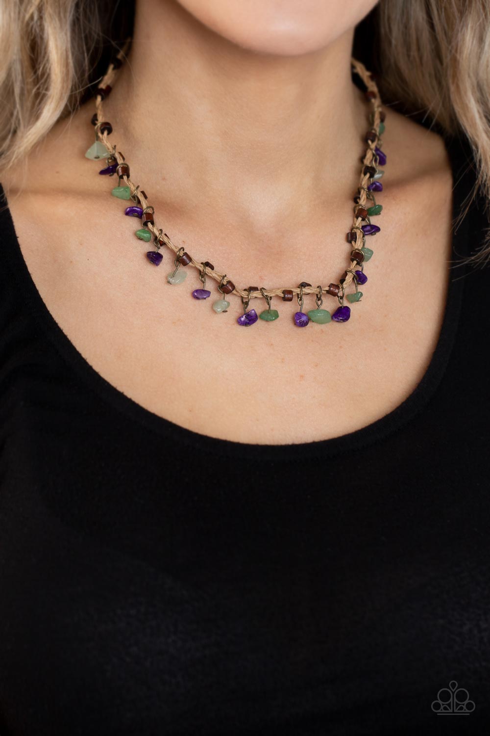 Paparazzi Accessories Canyon Voyage - Multi Infused with wooden accents, pieces of jade and amethyst swing from braided strands of crepe-like twine below the collar for a seasonal fringe. Features a button loop closure. Sold as one individual necklace. Ne