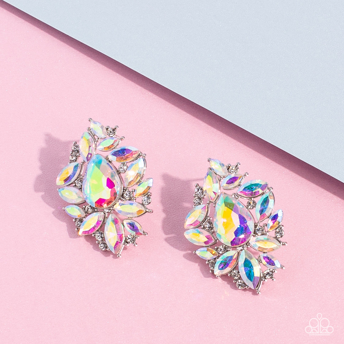 Paparazzi Accessories We All Scream for Ice QUEEN - Multi Crackling with icy incandescence, a sparkly collection of round white and marquise cut iridescent rhinestones scatters from an oversized iridescent teardrop gem for a jaw-dropping dazzle. Due to it
