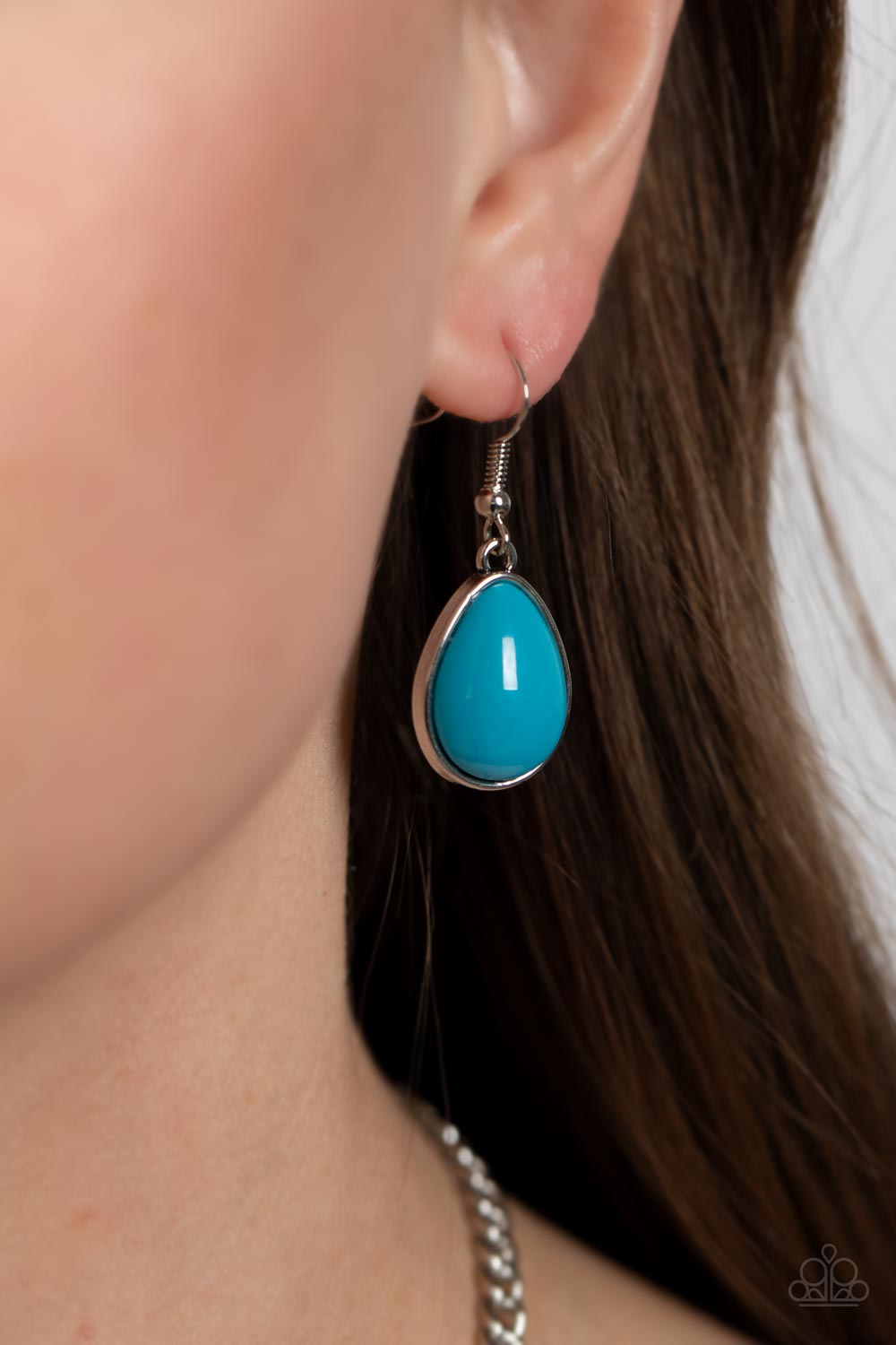 Paparazzi Accessories Ethereal Exaggerations - Blue Underscored by rows of iridescent rhinestones, a row of oversized blue teardrop beads dramatically links into a powerful pop of color below the collar. Features an adjustable clasp closure. Due to its pr