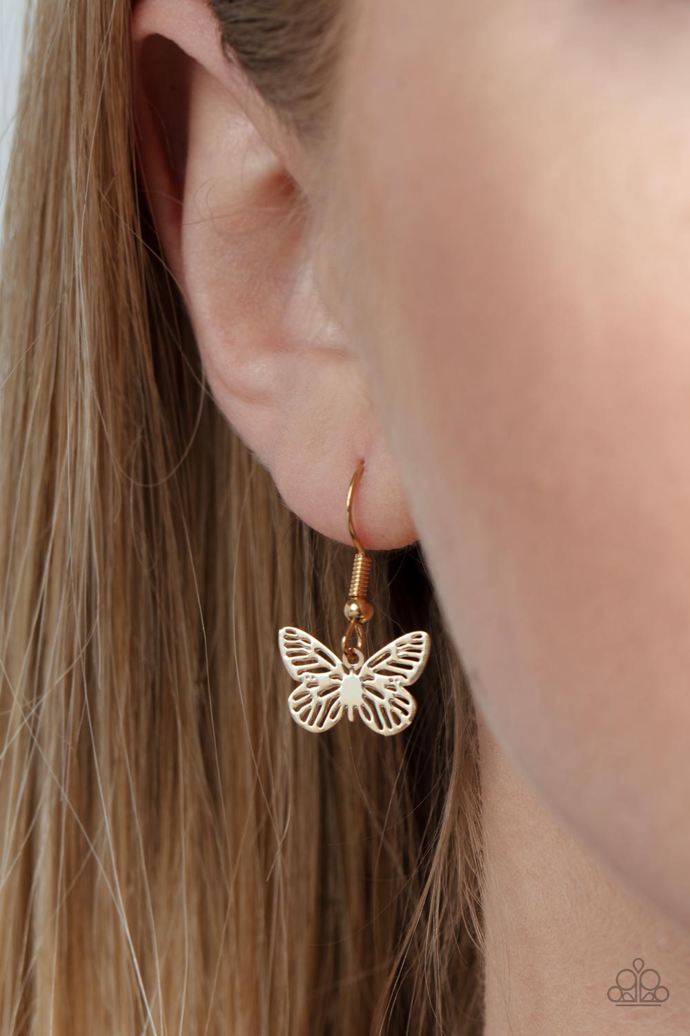 Paparazzi Accessories High-Flying Fashion - Multi A whimsical 3-D butterfly in a high sheen golden finish elegantly slides along a gold chain. An iridescent rhinestone is nestled at the center of the butterfly's wings, adding a hint of sparkle to the desi