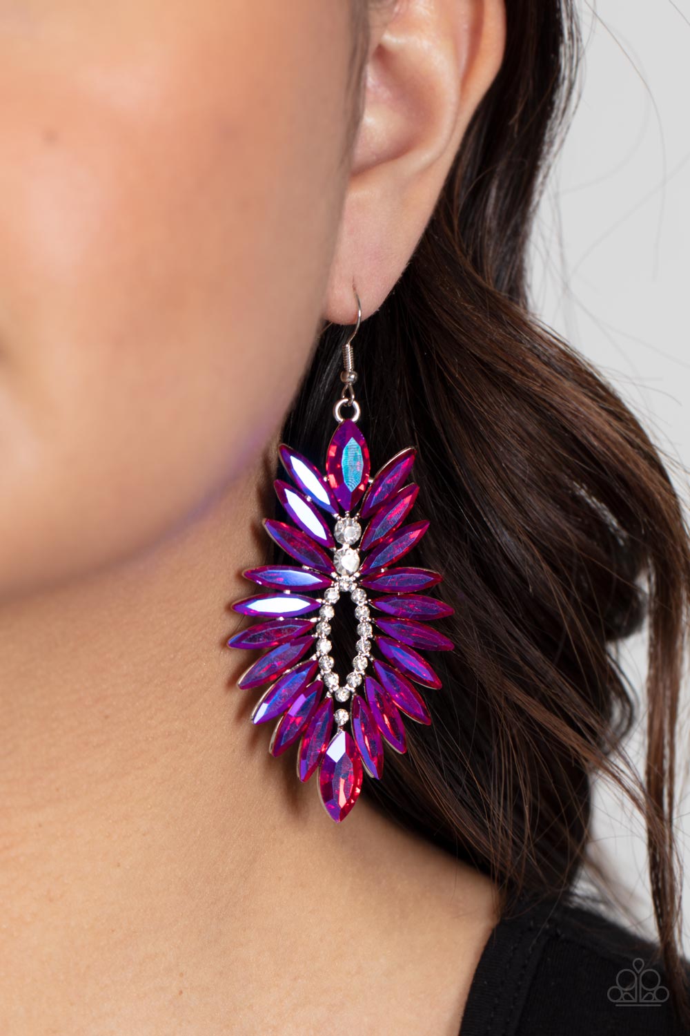 Paparazzi Accessories Turn up the Luxe - Pink An explosion of iridescent pink marquise rhinestones flares out from a ring of dainty white rhinestones, coalescing into an irresistibly icy statement piece. Earring attaches to a standard fishhook fitting. So