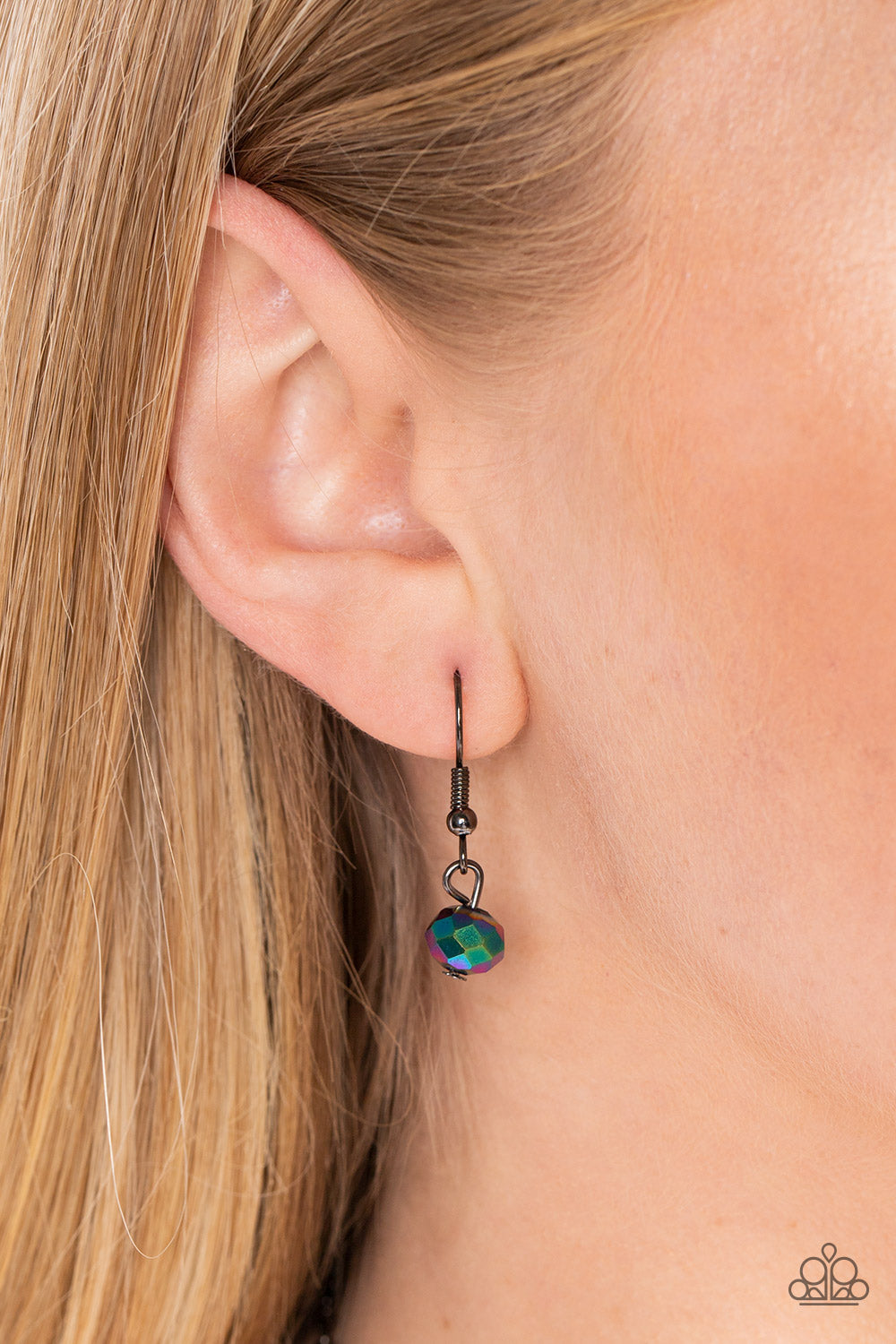 Paparazzi Accessories Swinging Shimmer - Multi *Lanyard Featuring an oversized faceted teardrop coated in a reflective oil spill finish, the teardrop swings from a mismatched collection of interconnected gunmetal rings at the bottom of an extended gunmeta