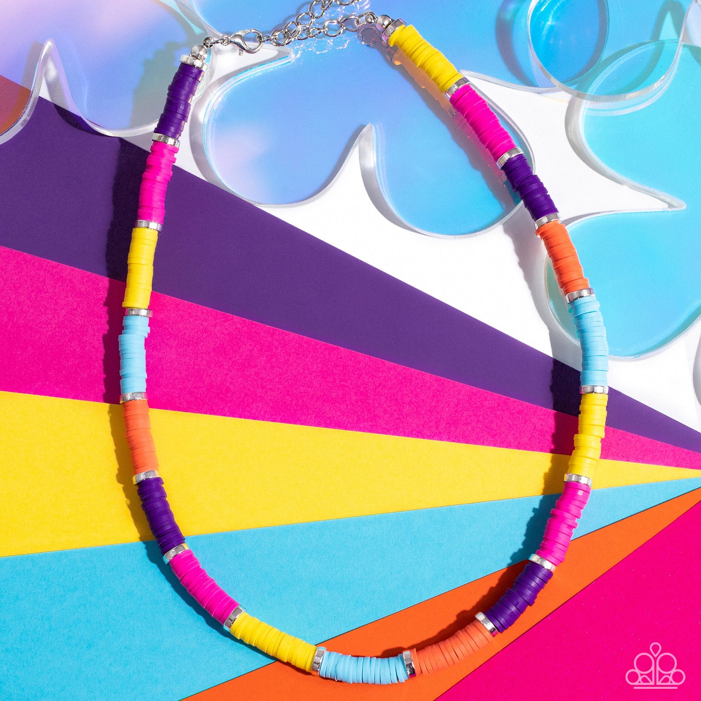 Paparazzi Accessories Rainbow Road - Multi Rubber discs in shades of Pink Peacock, Samoan Sun, Orange Tiger, purple, and turquoise are threaded along an invisible wire, adorning the collar in a courageous pop of color. Shiny silver discs separate the band