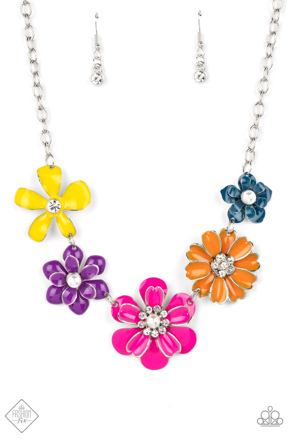 Paparazzi Accessories Floral Reverie - Multi A row of colorful flowers blooms to life along the collar, creating a vibrant statement piece. Each flower features a different centerpiece, flawlessly sprinkling the design with whimsical sparkle and shimmery