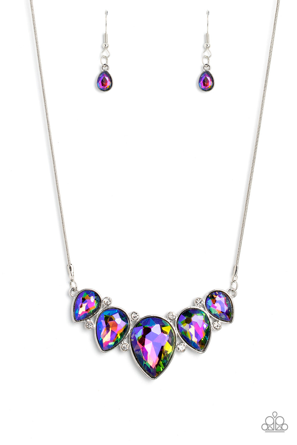 Paparazzi Accessories Regally Refined - Multi Featuring a stellar UV shimmer, dramatic teardrop gems, gliding from a sleek, silver snake chain, are pressed into high-sheen silver casings, creating a colorful fringe below the collar. Linking each teardrop
