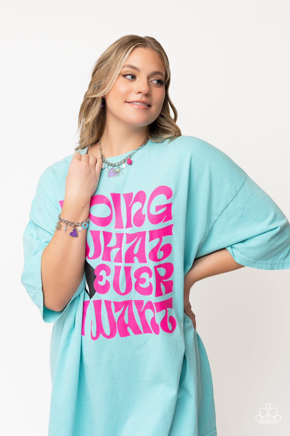 Paparazzi Accessories Turn Up the Charm - Purple A strand of thick silver curb chain is decorated in playful charms, including a purple heart, a silver lightning bolt and star, a blue ring, and a flower silhouette topped with a yellow bead at its center.