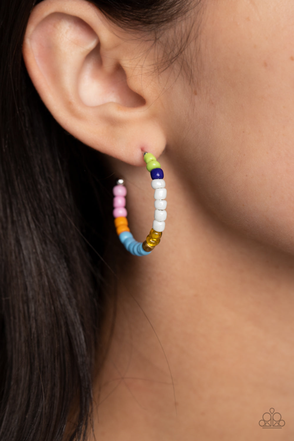Paparazzi Accessories Multicolored Mambo - Multi A colorful strand of green, royal blue, white, reflective yellow, gold, blue, orange, and pink seed beads follow the curve of a silver hoop, creating a colorfully charismatic look. Earring attaches to a sta