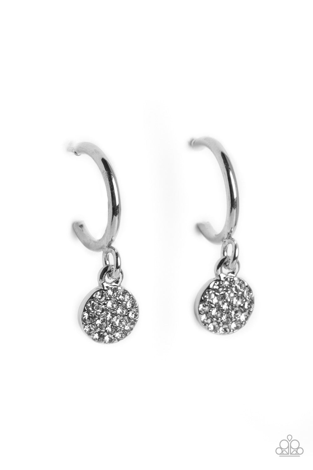 Paparazzi Accessories Bodacious Ballroom - White Swinging from a glistening silver hoop, a dainty silver disc, embossed with white rhinestones glimmers, adding a subtle shimmer around the ear. Earring attaches to a standard post fitting. Hoop measures app