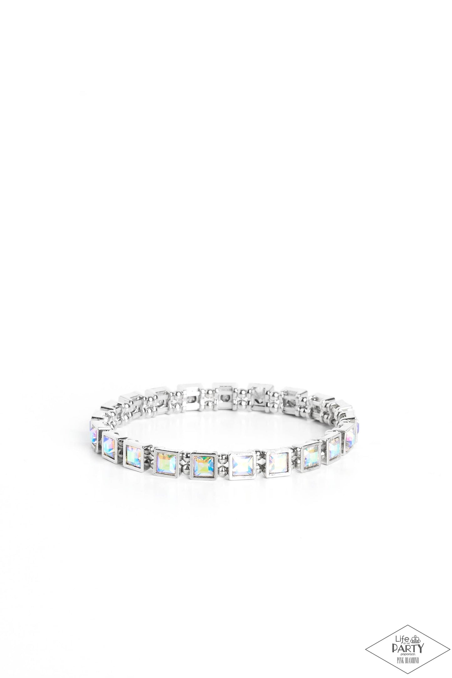 Paparazzi Accessories A GLAM Of Few Words - Multi Chiseled into elegant squares, glittery iridescent gems are nestled into sleek silver frames and threaded along elastic stretchy bands for a refined look. Due to its prismatic palette, color may vary. Sold