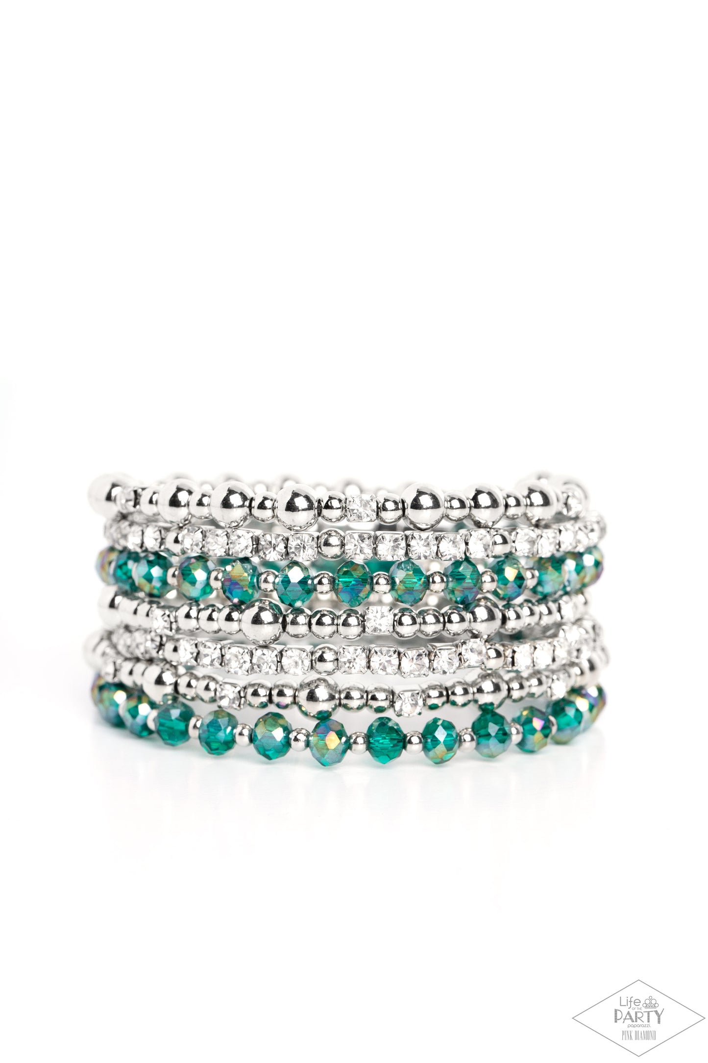 Paparazzi Accessories ICE Knowing You - Multi An icy collection of silver beads, cubes, opaque green crystals with an iridescent shimmer, and glassy white rhinestones are threaded along a coiled wire, creating a blinding infinity wrap style bracelet aroun