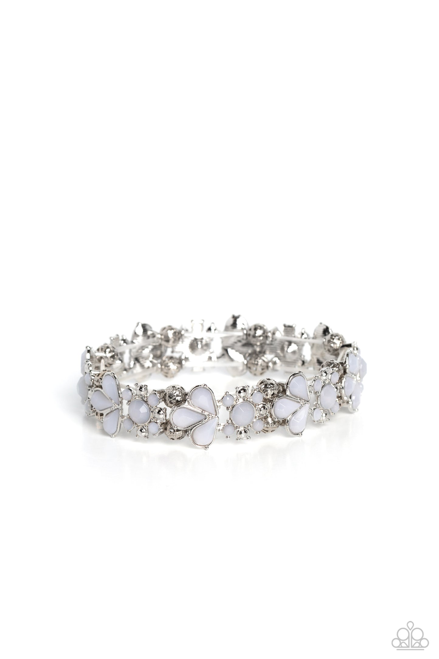 Paparazzi Accessories Teasing Torrent - White A flourishing opaque collection of white round and teardrop beads coalesce into abstract floral-inspired frames. Separating each floral frame, airy, silver-studded beads are infused along elastic stretchy band