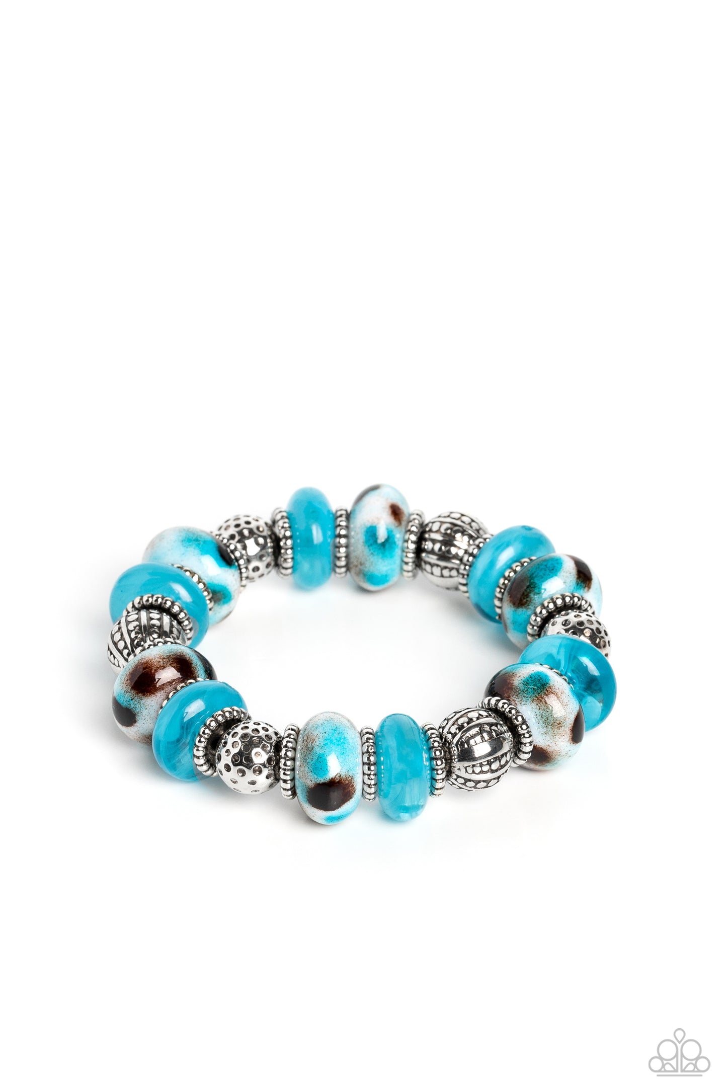 Paparazzi Accessories Warped Wayfarer- Blue An earthy collection of dotted silver beads, rounded milky turquoise beads, studded silver rings, turquoise-spotted ceramic-like beads and textured silver beads are threaded along an elastic stretchy band around