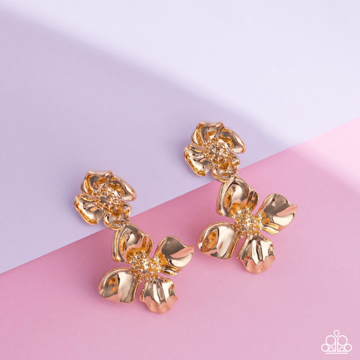 Paparazzi Accessories Gilded Grace - Gold Featuring a warped metallic texture, an oversized gold flower hangs from a smaller gold flower for a whimsical finish. Dainty gold studs coalesce the centers of each flower, adding tactile detail to the floral des