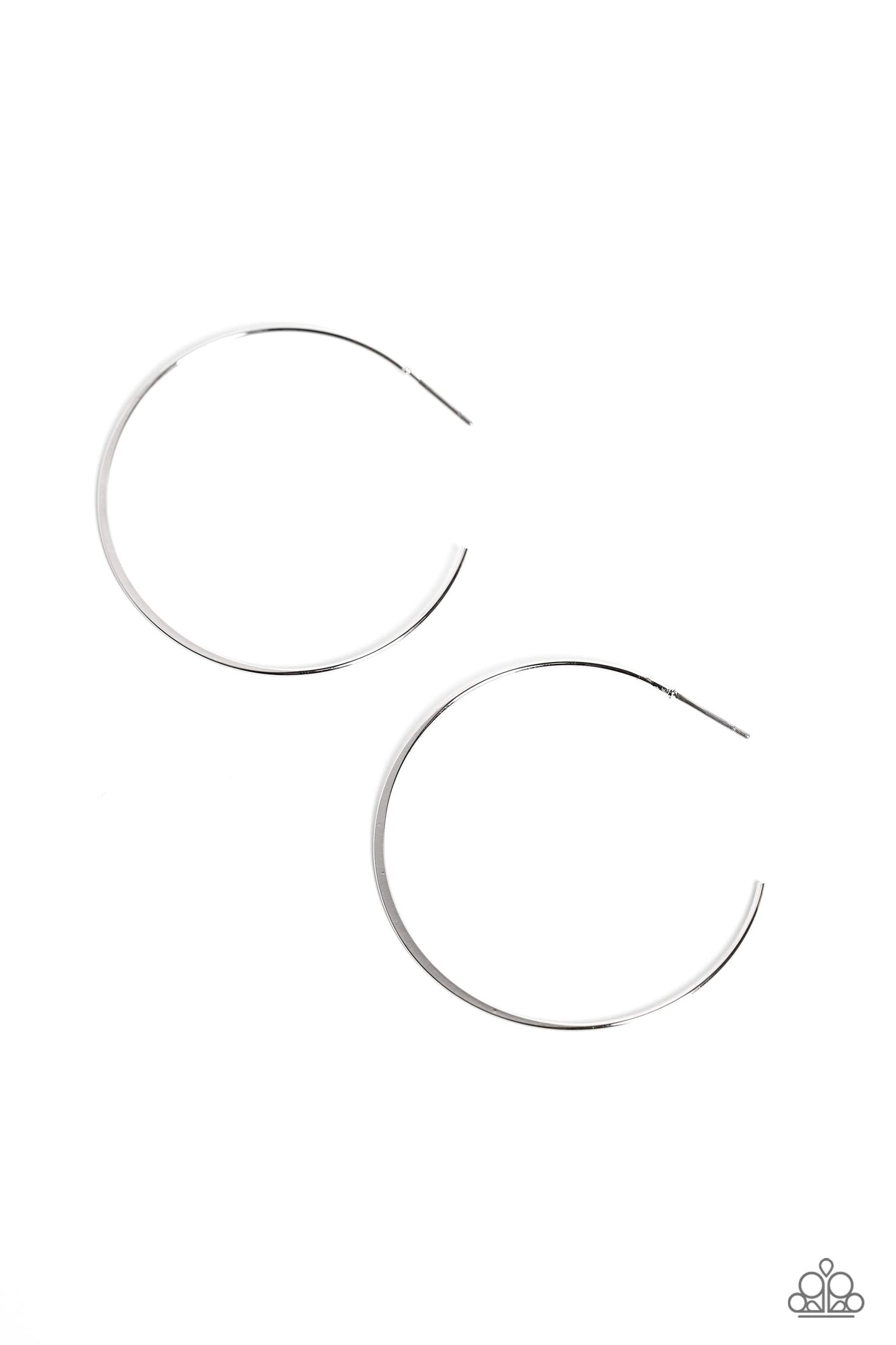 Paparazzi Accessories Seize the Sheen - Silver Featuring a high-sheen, a thin smooth silver bar curves into an oversized hoop resulting in a basic staple piece. Earring attaches to a standard post fitting. Hoop measures approximately 2" in diameter. Sold