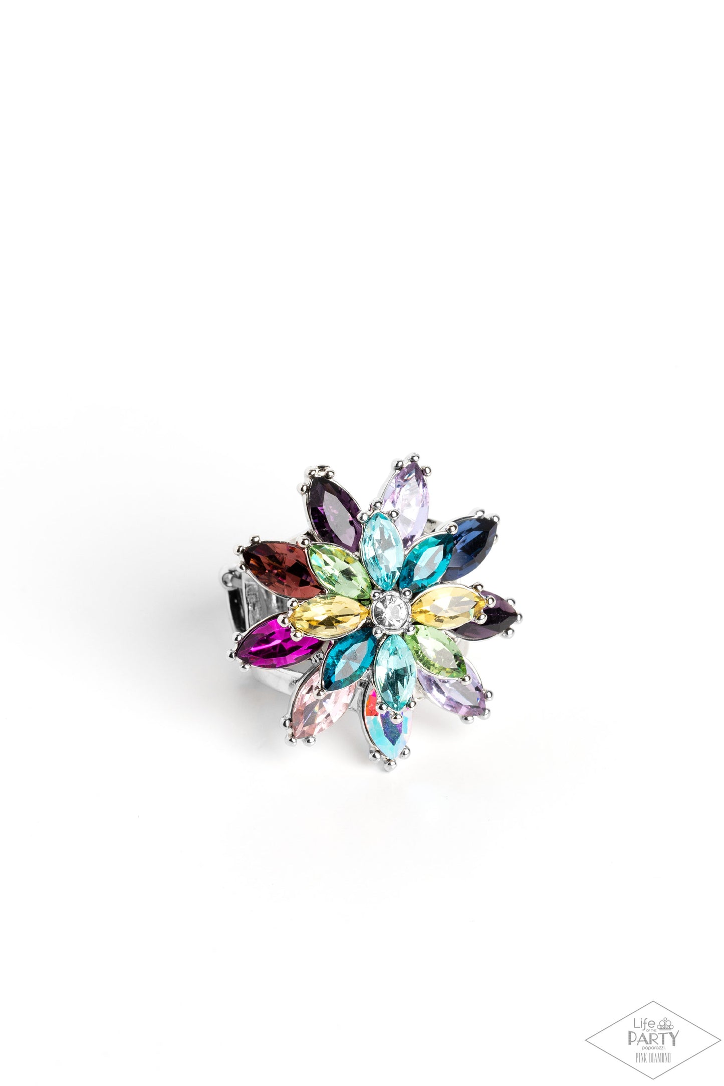 Paparazzi Accessories Am I GLEAMing? - Multi Glittery colorful rhinestones in the shape of petals stack into a glamorous floral frame atop the finger, creating a blinding centerpiece. Features a stretchy band for a flexible fit. Due to its prismatic palet