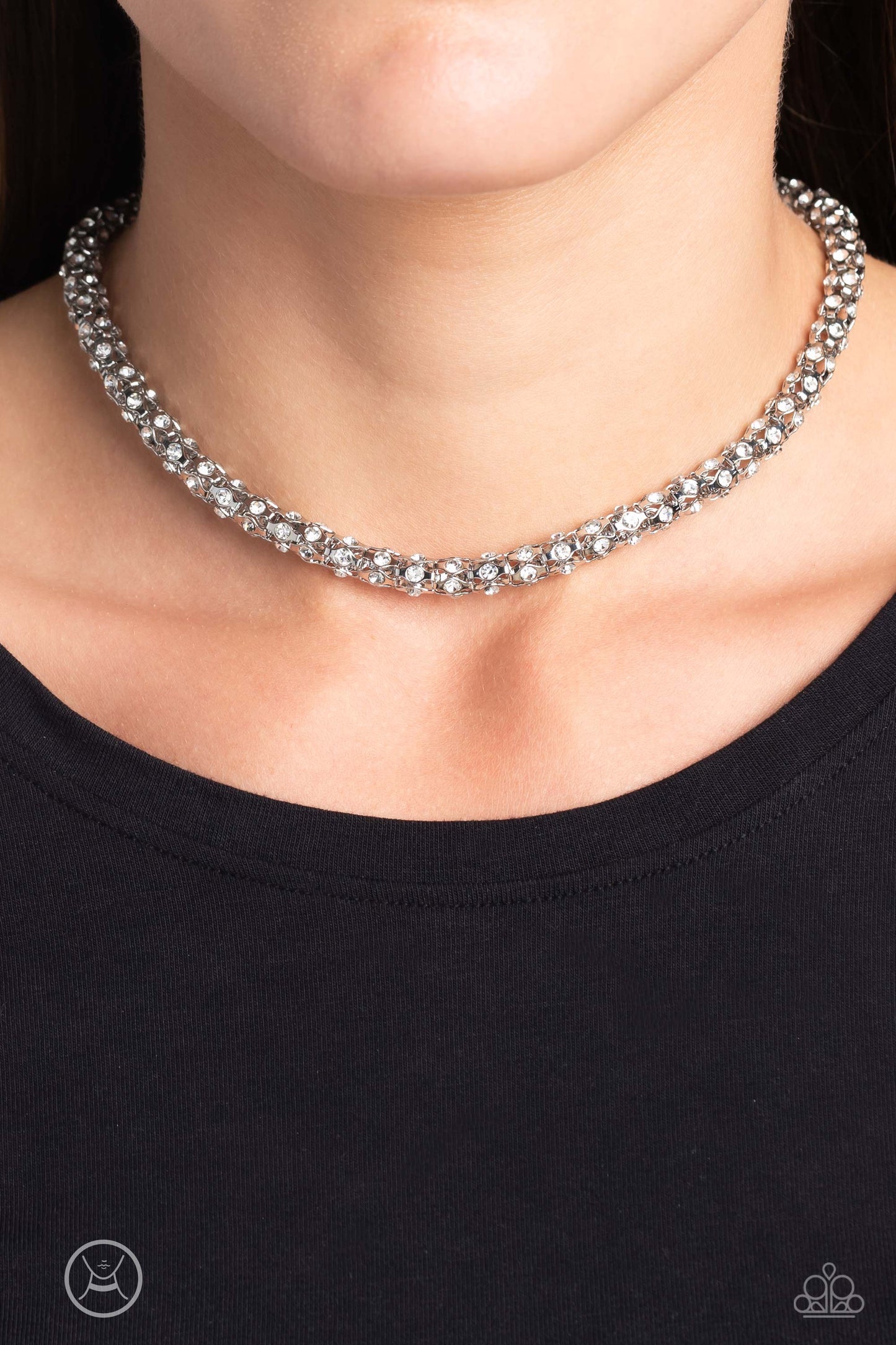 Paparazzi Accessories Eternal Effulgence - White Patterned after a mesh chain pattern, a shimmery collection of dainty white rhinestones, wrapped in high-sheen silver frames coalesces around the collar exuding an eternal, ethereal effect. Features an adju