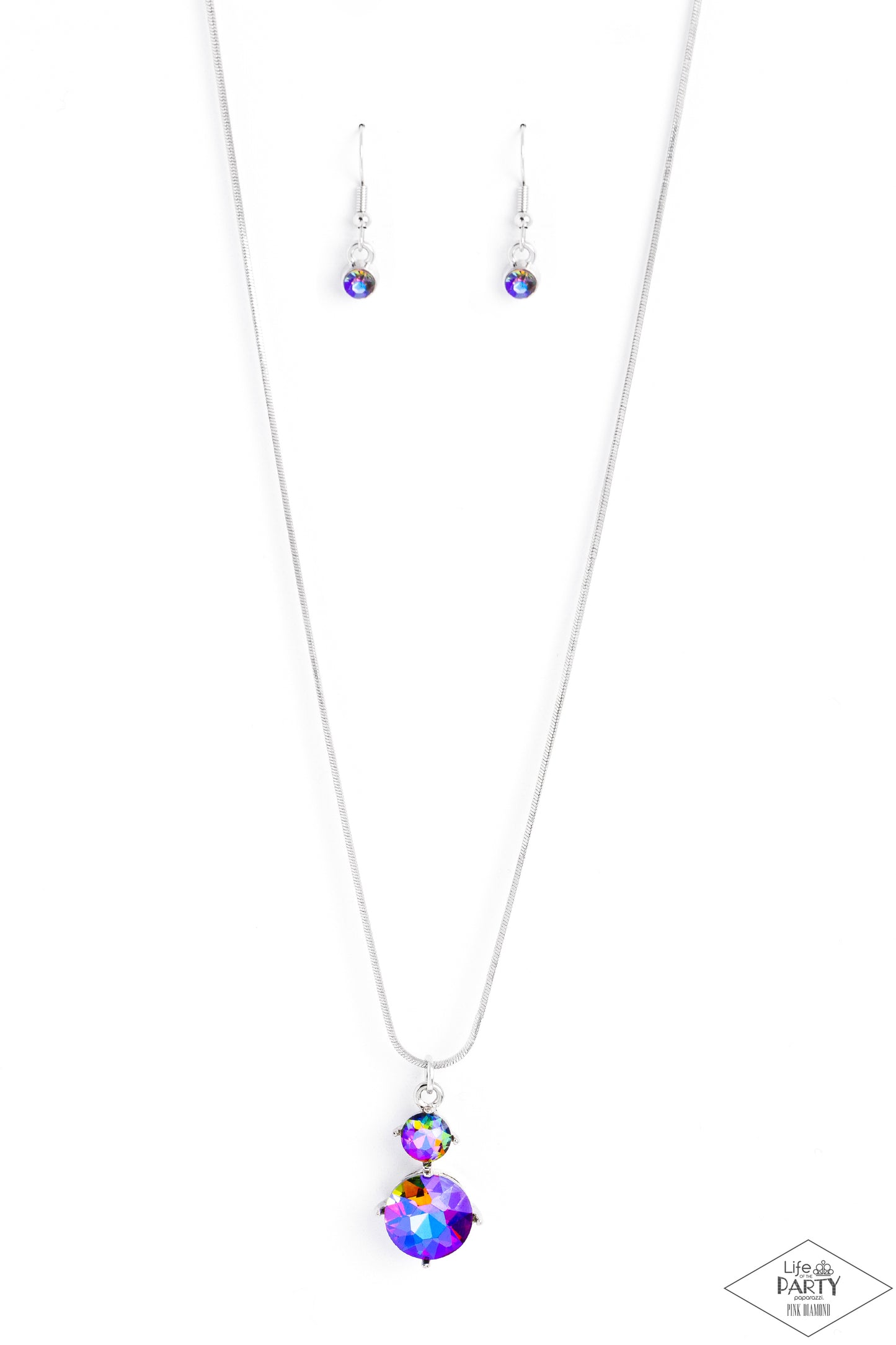 Paparazzi Accessories Top Dollar Diva - Multi Nestled inside classic silver prongs, two oversized rhinestones, featuring a UV shimmer, slide along a dainty silver snake chain, creating a dramatic pendant below the collar. Features an adjustable clasp clos