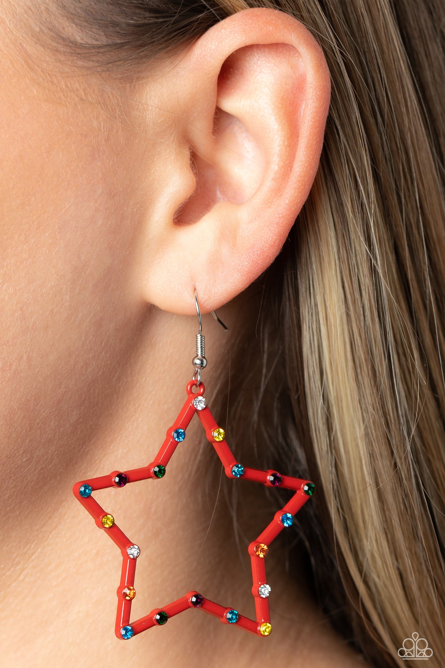 Paparazzi Accessories Confetti Craze - Red Red star frames, dotted with dainty colorful rhinestones, reflects light off its colored surface for a fashion-forward statement. Earring attaches to a standard fishhook fitting. Sold as one pair of earrings. Jew
