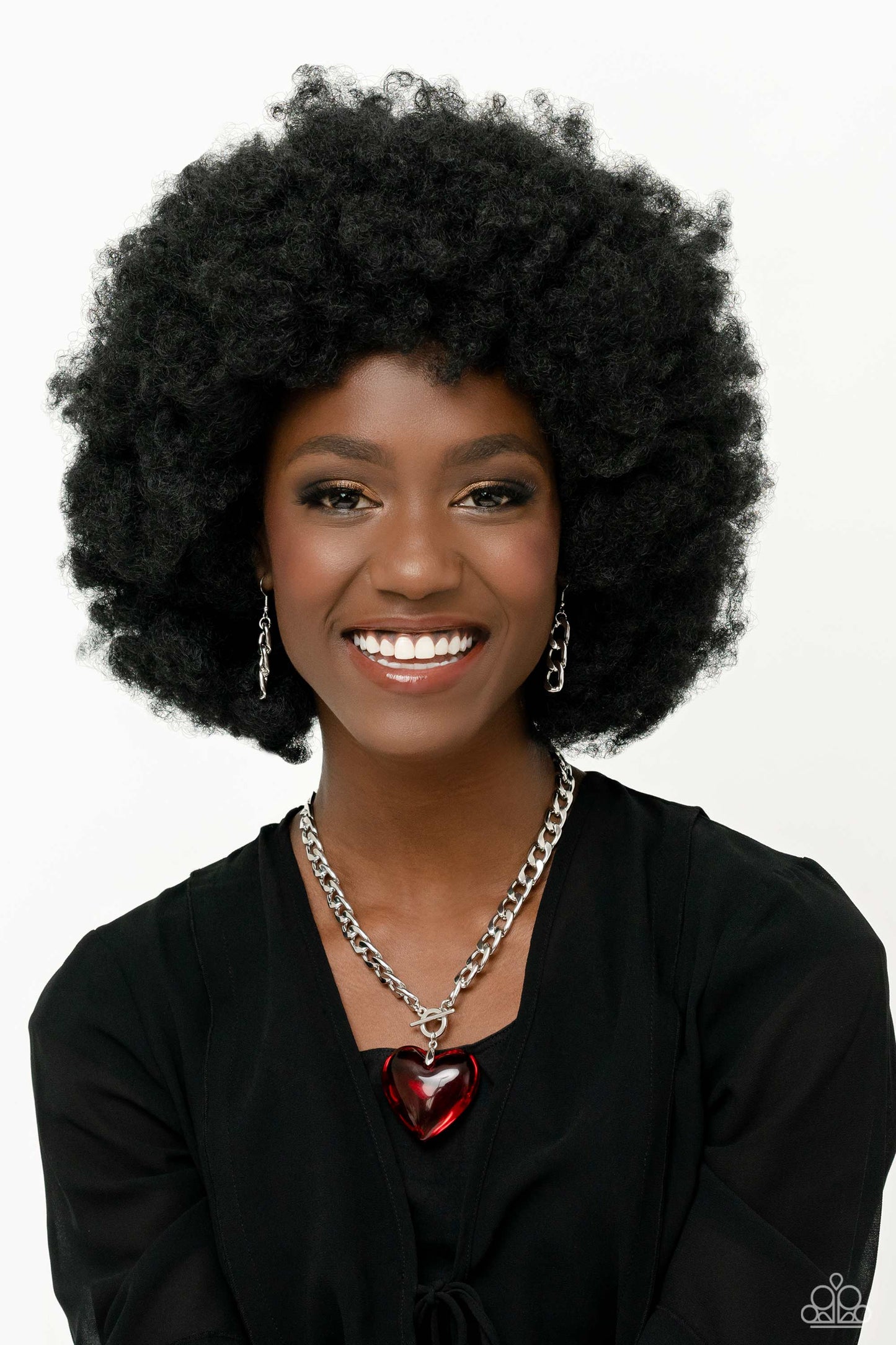 Paparazzi Accessories GLASSY-Hero - Red Featuring a glossy finish, an oversized, rich, red heart gem swings from the bottom of a thick silver curb chain below the collar for a romantic declaration. Features a toggle closure. Sold as one individual necklac
