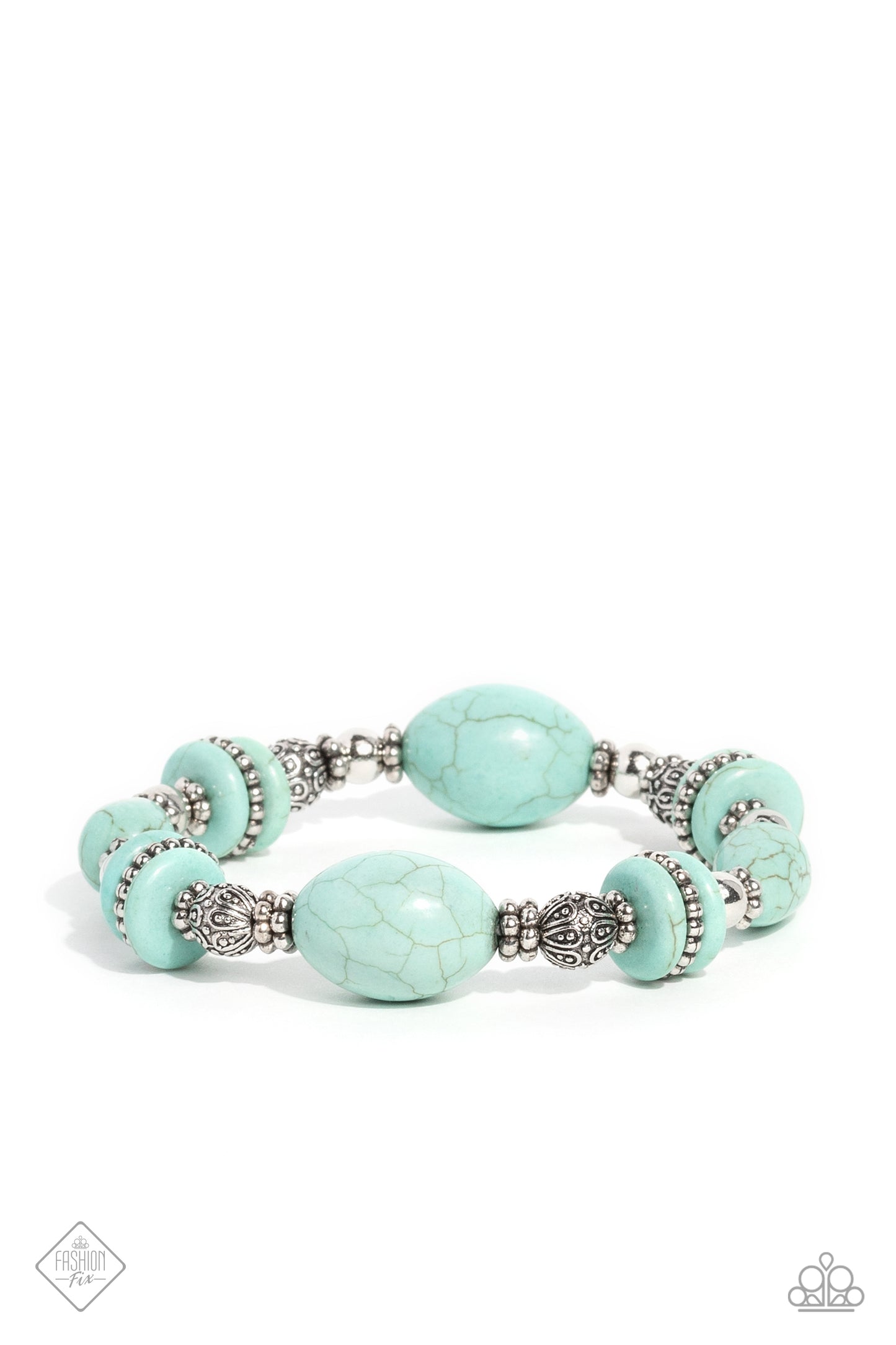 Paparazzi Accessories Changing Cleopatra - Blue Infused along an elastic stretchy band, an Egyptian-esque collection of muted turquoise stones in various sizes, striped silver beads, textured silver beads, floral silver wheel beads, and silver accents wra