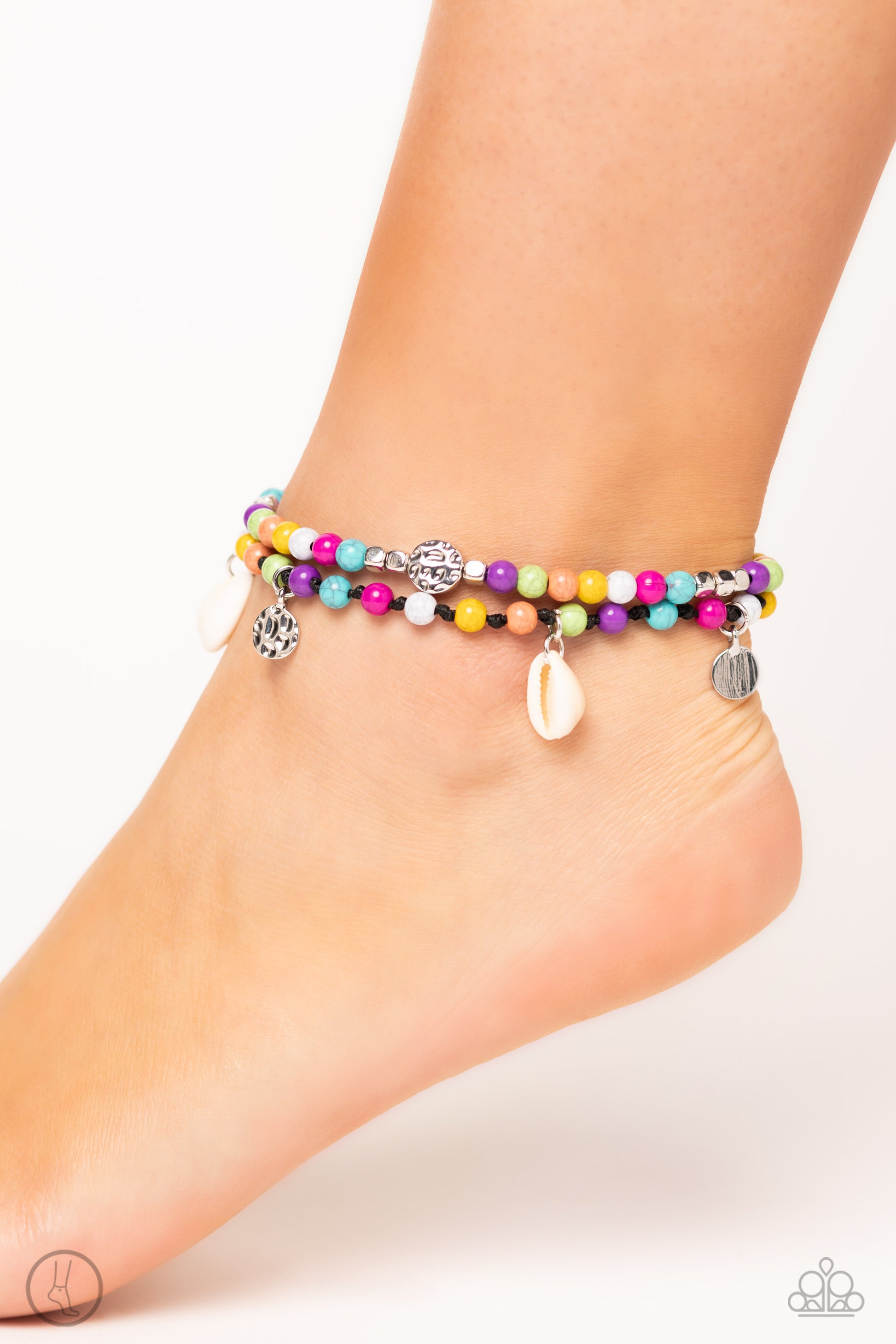 Paparazzi Accessories Buy and SHELL - Multi A coastal collection of silver cubes, colorful stone beads, cowrie shells, silver discs, and hammered silver beads slide along a shiny black cord around the ankle for a whimsical look. Features an adjustable sli