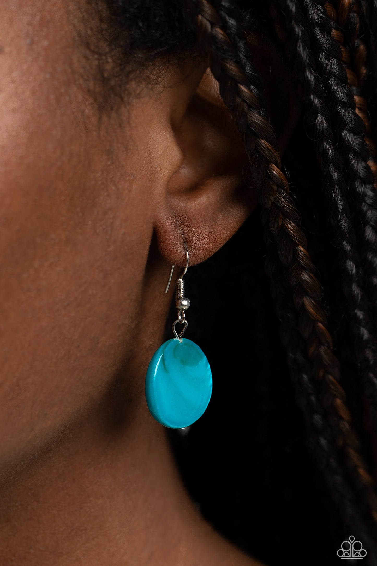 Paparazzi Accessories Beach Hub - Blue *Lanyard Sections of blue shell-like discs link with flat silver hoops down the chest, giving way to layers of shimmery silver chain for a tropical inspired flair. A lobster clasp hangs from the bottom of the design