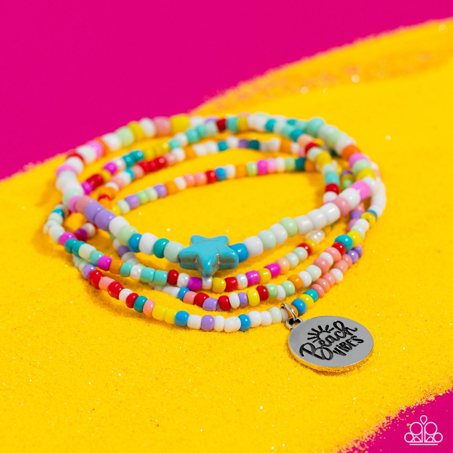 Paparazzi Accessories Wave Riding - Multi Multicolored seed beads wrap around the wrist on elastic stretchy bands for a vivacious pop of color. A turquoise stone star is infused on one of the strands, adding an earthy flourish to the design, while a silve