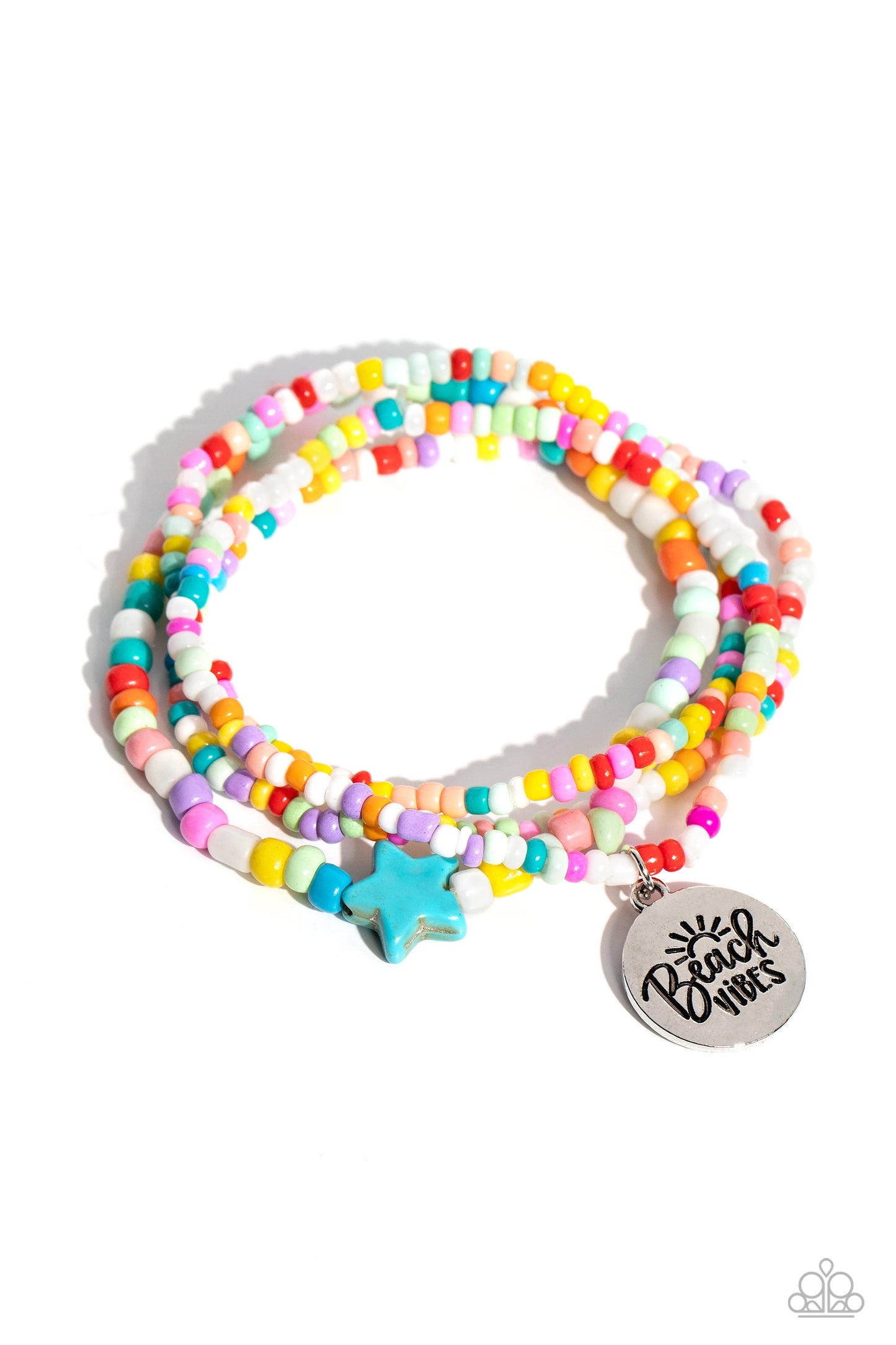 Paparazzi Accessories Wave Riding - Multi Multicolored seed beads wrap around the wrist on elastic stretchy bands for a vivacious pop of color. A turquoise stone star is infused on one of the strands, adding an earthy flourish to the design, while a silve