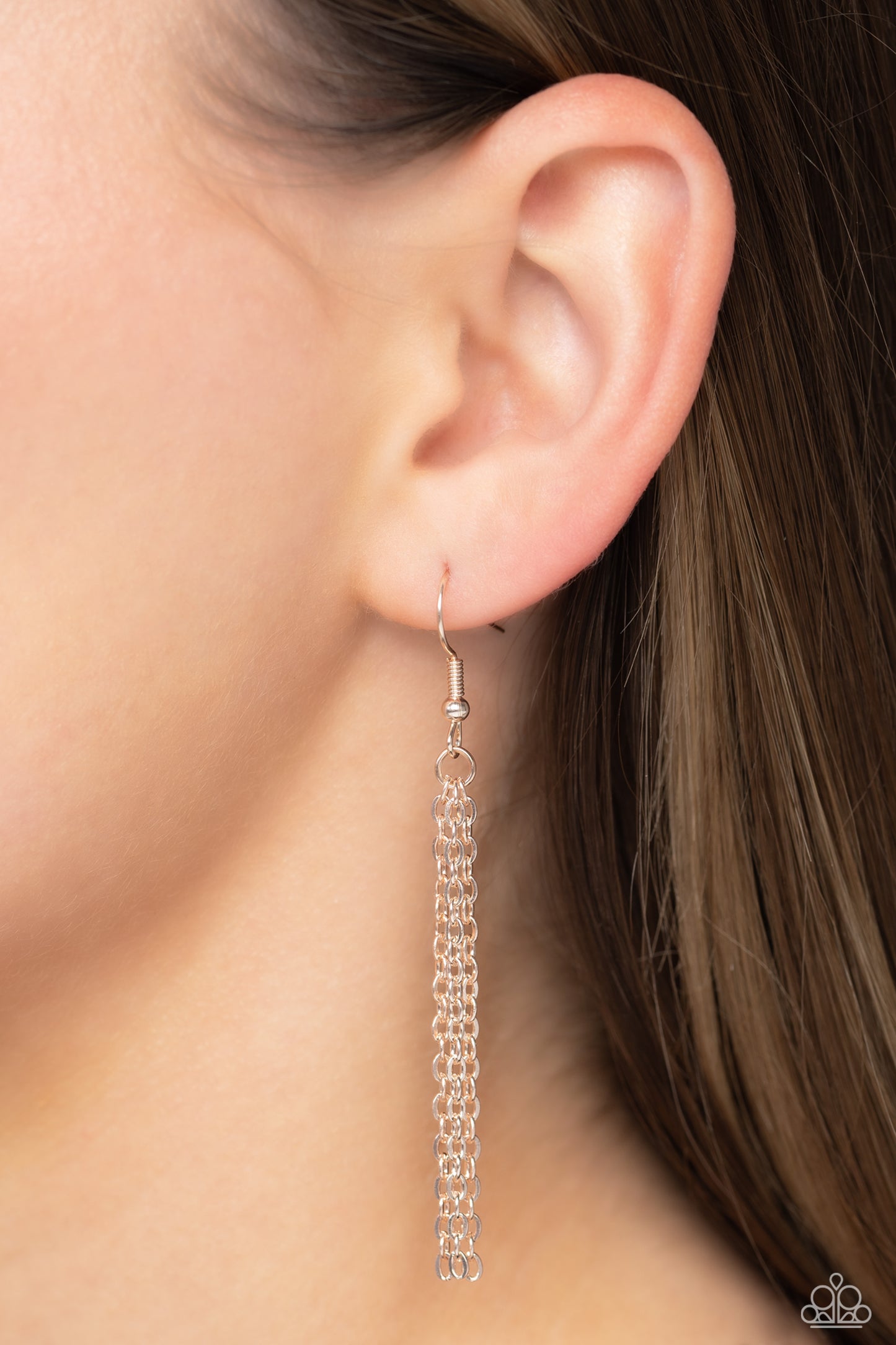 Paparazzi Accessories Stellar Sway - Rose Gold A glassy blue bead is pressed into the center of a three-dimensional rose gold star that dances from the top of a rose gold crescent moon pendant, creating a celestial pendant at the bottom of a dainty rose g