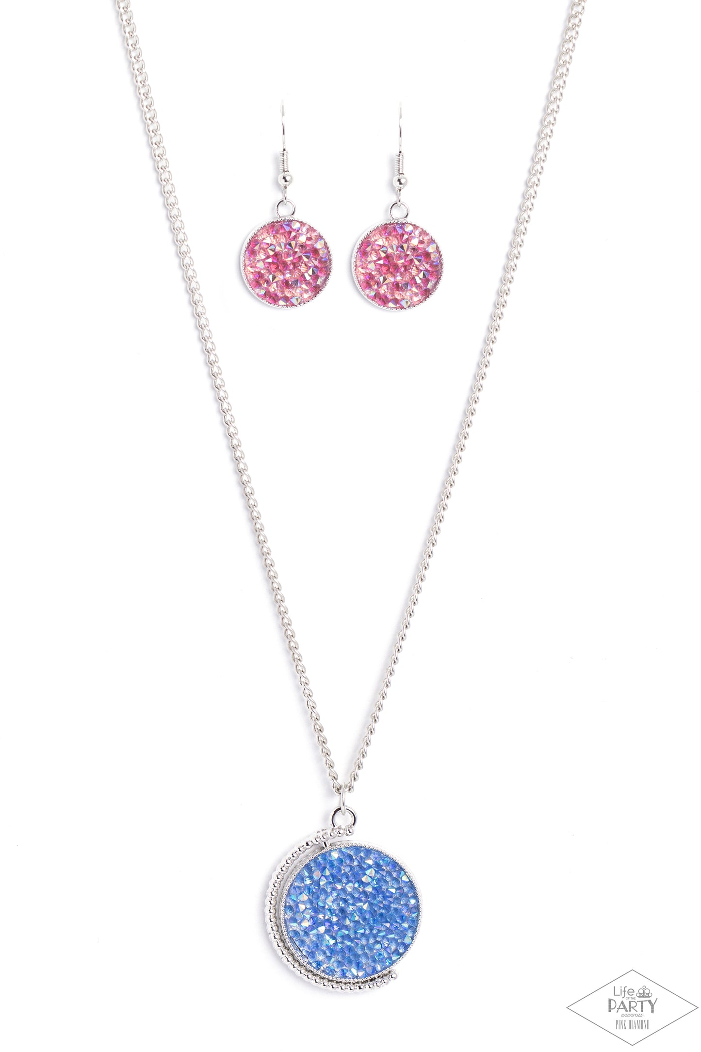 Paparazzi Accessories My Moon and Stars - Multi A smoldering collision of blue iridescent and pink iridescent rhinestones are encrusted across the front and back of a textured silver disc below the collar. Threaded along a dainty rod, the glittery pendant