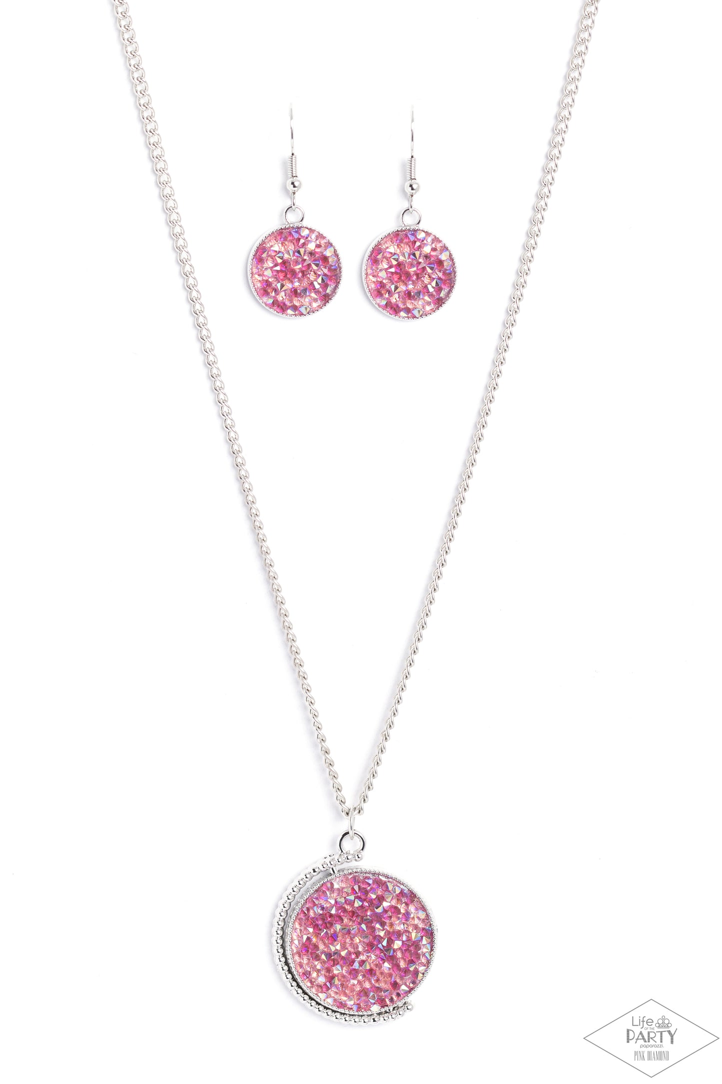 Paparazzi Accessories My Moon and Stars - Multi A smoldering collision of blue iridescent and pink iridescent rhinestones are encrusted across the front and back of a textured silver disc below the collar. Threaded along a dainty rod, the glittery pendant