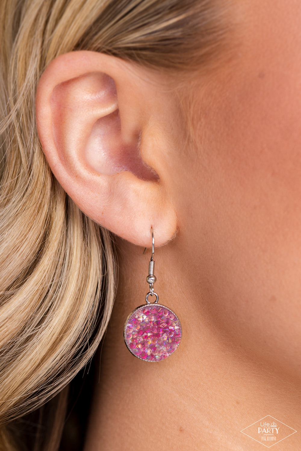 Paparazzi Accessories My Moon and Stars - Multi A smoldering collision of blue iridescent and pink iridescent rhinestones are encrusted across the front and back of a textured silver disc below the collar. Threaded along a dainty rod, the glittery pendant