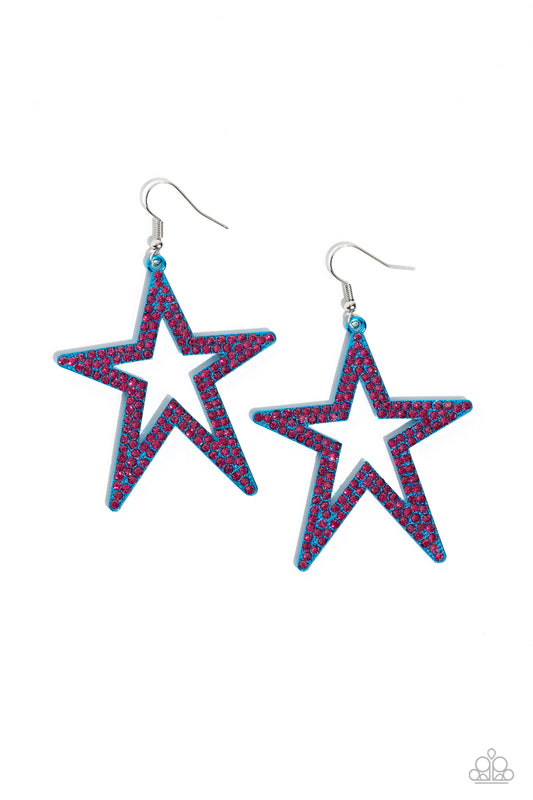 Paparazzi Accessories Rockstar Energy - Blue Double rows of fuchsia rhinestones adorn the front of an oversized blue metallic star silhouette, creating a stellar, sparkling centerpiece. Earring attaches to a standard fishhook fitting. Sold as one pair of
