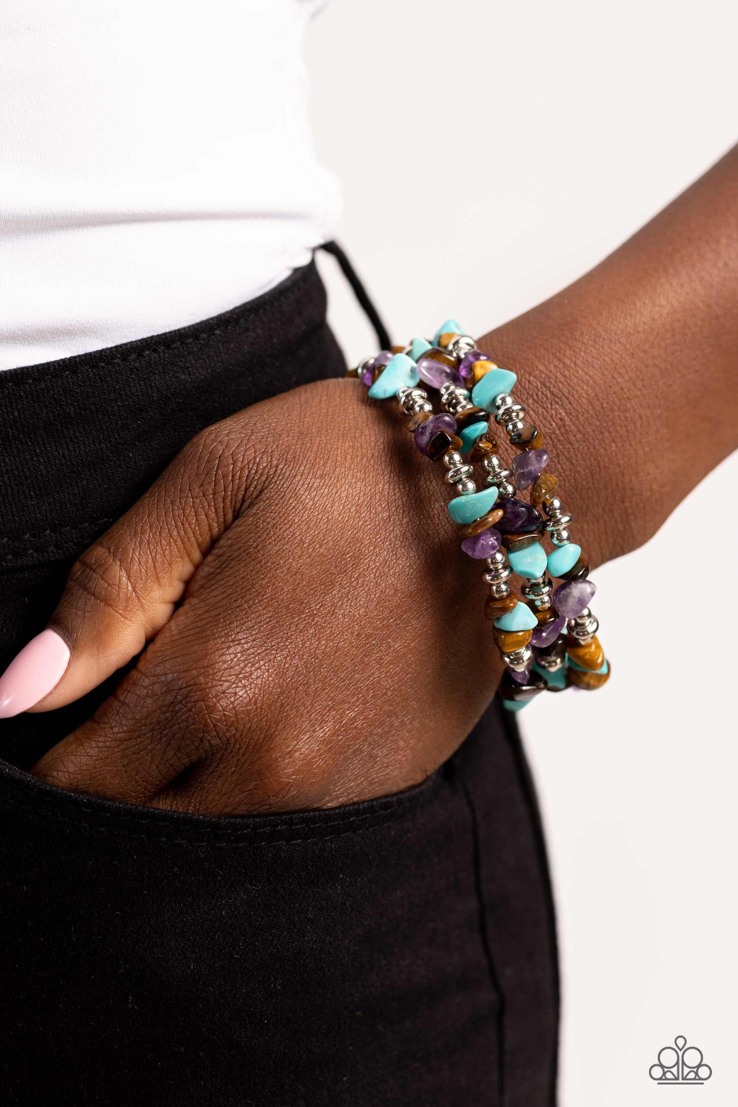 Paparazzi Accessories Stacking Stones - Brown Featuring a chiseled finish, a mismatched collection of tiger's eye, turquoise, and amethyst stones and shiny silver beads are threaded along a coiled wire, creating an earthy infinity wrap style bracelet. As